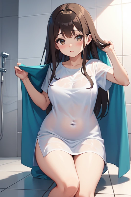 (Highest quality), (High resolution), (masterpiece), (Very detailed), One Girl, Cowboy Shot, One Girl,Amiya\(Arknights\), Long Hair, Brown Hair, Hair between the eyes, Light blue eyes, Medium chest, Bunny ears, Silky skin, Glowing Skin, blush,Heart pupil, Heavy breathing,(transparent y swimsuit), Front view, (Bright saturation), Love juice drips from between her legs, close, Swimwear is see-through, Shower room, (Mas(Squirting),Masturbationをする own hands, Fingering, orgasm,(aphrodismbling),Sprur legs,, near, Look forward