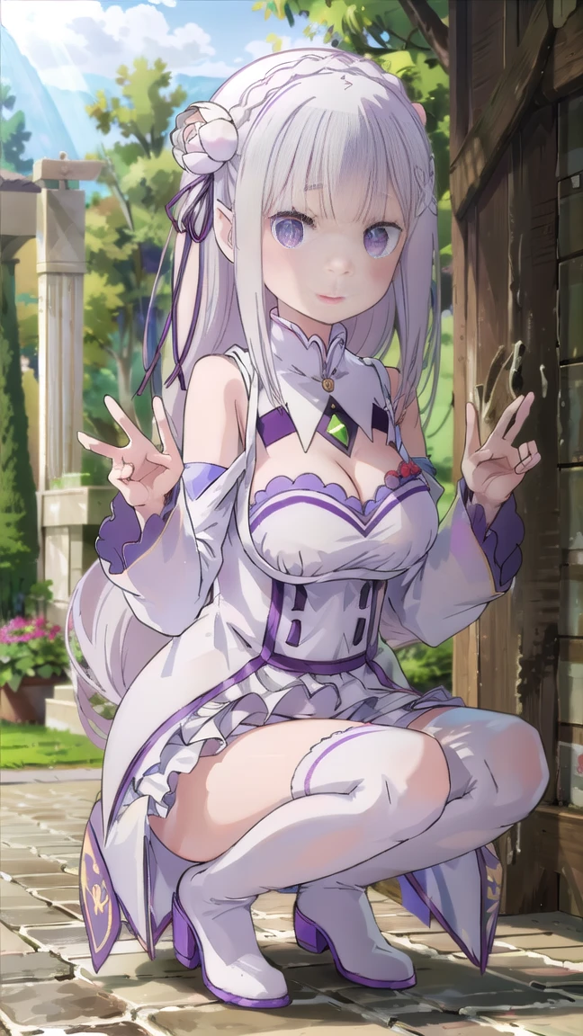 1girl, solo, Emilia, emilia_\(re:zero\), long hair, silver hair, blunt bangs, braid, hair ornament, hair flower, hair ribbon, purple ribbon, purple eyes, blush, low-tied long hair, elf, dress, bare shoulders, detached sleeves, wide sleeves, cleavage, pleated skirt, thighhights, white legwear, white shoes, outdoorasterpiece:1.2), highres, best quality, 8k, very clear,