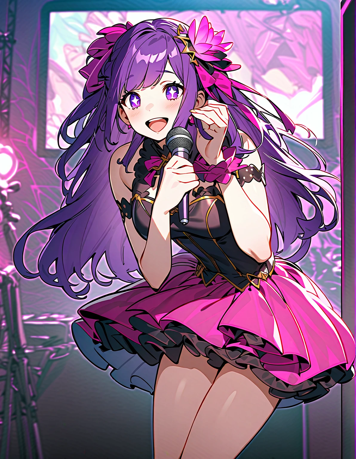 女の子1人、full body, cowboy shot、(Rembrandt)、illustration、(masterpiece)、(top-quality)、(ultra-detailliert)、finely detail、(depth of fields)、Hinoai、gloves、armpit, tongue-out、tongue、length hair、star \ (Symbols\)、Looking at the camera、(Purple hair:1.2)、Purple eye、full body view, hair ornament、:p、frilld、Pink Shirt、a smile、sleeveless、The shirt、idol、Symbol Eye、pulling the hands up、bangss、One Side Up、star-shaped pupils、Raise arms、Pull the dress、Roaring 20s、isometric, florals、stage、kirakira, armpit, dynamic view, (((pussy))), full body view, skirt-lift