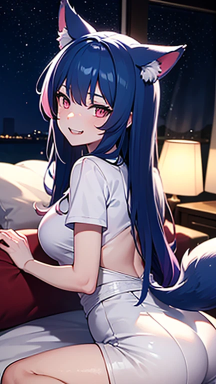 (Masterpiece) (High Detail) (High Res) A short  slim humanoid girl with pale human skin and blue eyes and long blue hair and blue dog ears and a fluffy blue dog tail and average breasts. She is wearing a baggy white cropped t-shirt and a part of navy sports shorts. She is sat on the edge of a bed at night. She has blushing cheeks. 