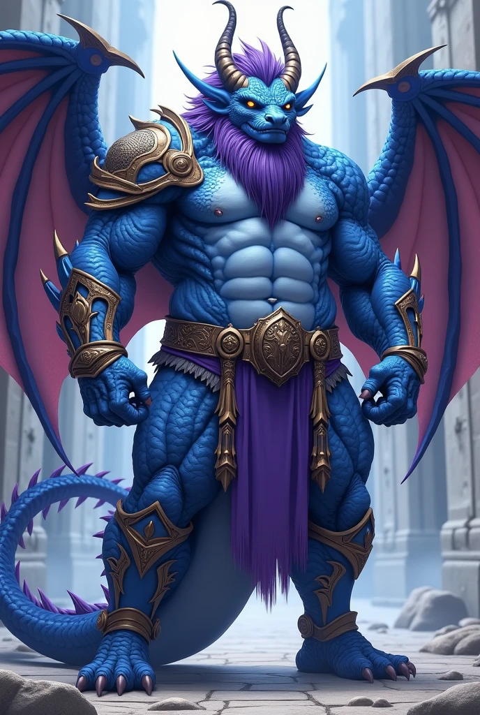 A being of the d system&d of the gematic draconic race of the Barbarian class. purple skin color, purple eyes, 1m80cm tall, wingless