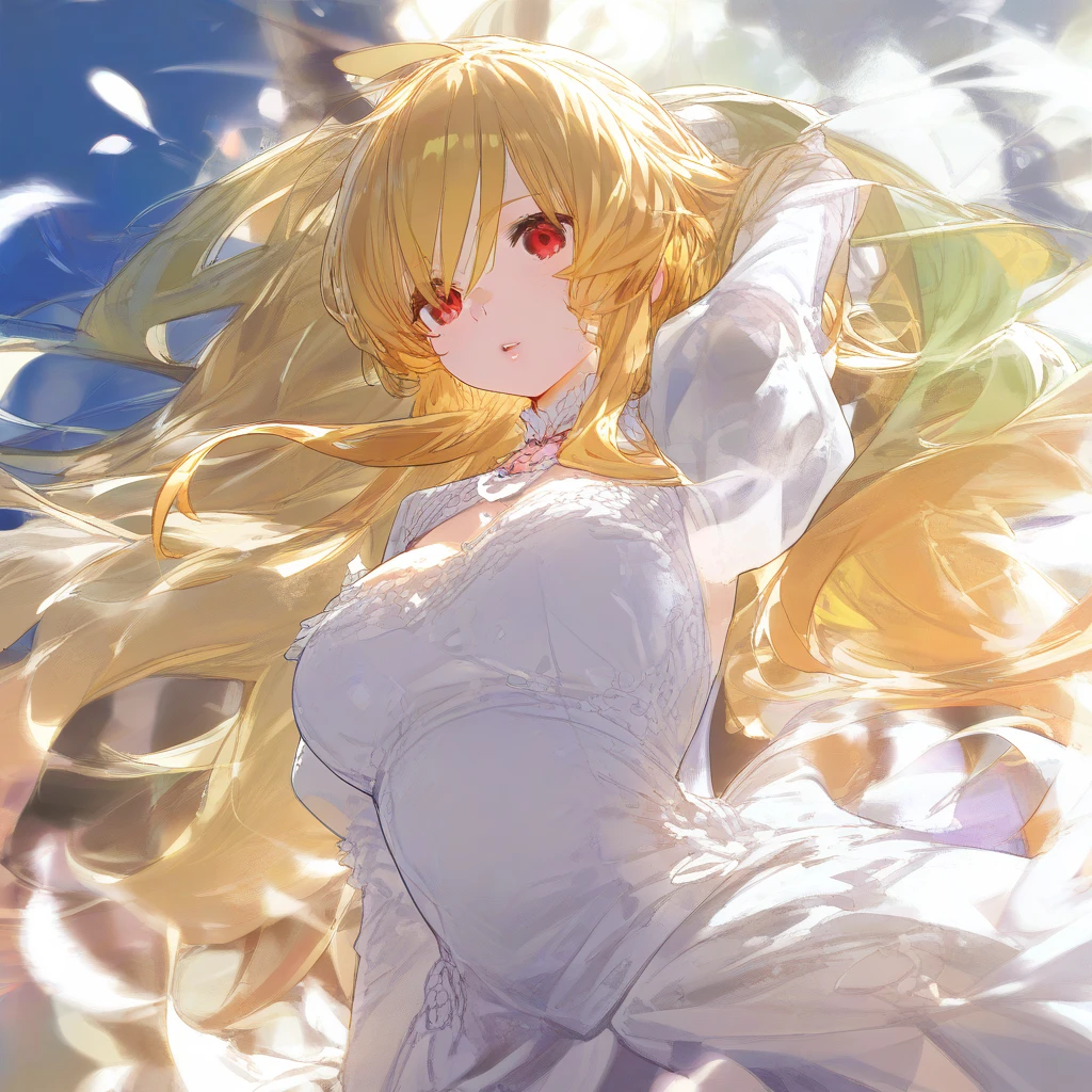 (masterpiece, highly detailed,absurdres:1.15)1girl, angel wings, long blonde hair, blue eyes, white dress,halo, floating in sky, clouds, trance, mind control, parted lips, bare shoulders, breasts, solo, looking at viewer, daytime,feathers, sunbeam, golden hairclip, sunlight, wings spread, dreamy gaze,sky background, saintly glow, ethereal being, celestial maiden, hypnotized,entranced, peaceful bliss, aloft,  rapture, euphoria, above the clouds empty eyes,hypnoLora,<lora:ConceptBlankEyesHypnosis_v10:1>