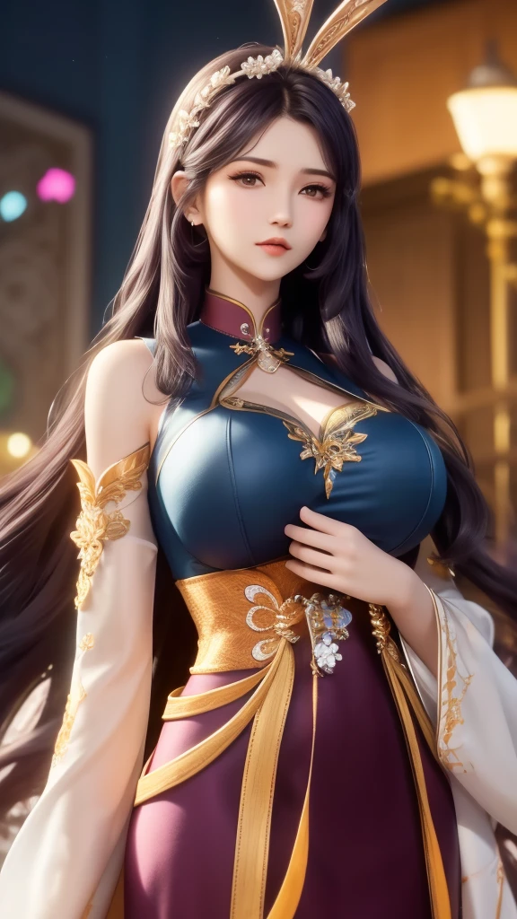 1 girl,aldult, looking at the audience, city View, night, hair accessories, long hair, fake animal ears, skirt,shirt,Clothing cut, Rabbit ears, Detached sleeves,a cute and beautiful girl,Cute and exquisite,Peerless beauty,精致hair accessories,mercy,(messy hair),lacy clothing,soft skin,Fashion,A beautiful painting,Clover hairpins,blue,Ultra high quality,8k,Depth of field macro lens),ambient lighting,emphasize,Upper body animation style,comics,High quality from the waist up,huge ,huge ,exposed breasts,show breasts,