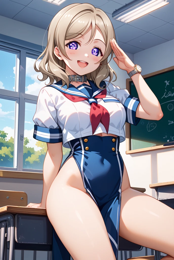 highest quality、High resolution、8K、cute beauty、detailed background、beautiful and detailed face、beautiful and smooth skin、skin texture、Beautiful age girl、(big breasts:1.4)、Cute character wearing a white sailor suit.。Uniform costume with white sailor collar and ribbon.。dark blue pleated mini skirt、Cute colored knee high socks、Cute Ponytail、cute glasses、sleeveless、pulling panties on classroom desk、(show panties)、(take off panties)、sexual expression