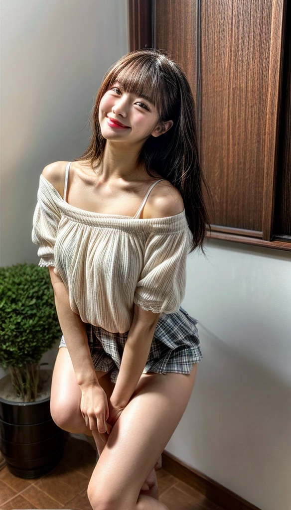 ((highest quality、8k、masterpiece:1.3)),((((fullbody shot)))),Ultra-high resolution,big eyes,Japanese,bangs,(a girl),(1 girl),((20 years old)),((facing at viewer)),(long hair),grin,((pink shirts)),((pleated black skirt)),((squatting)),((())),((pubic hair)),((skirt lift)),(((short crew socks))),(((black platform shoes)))