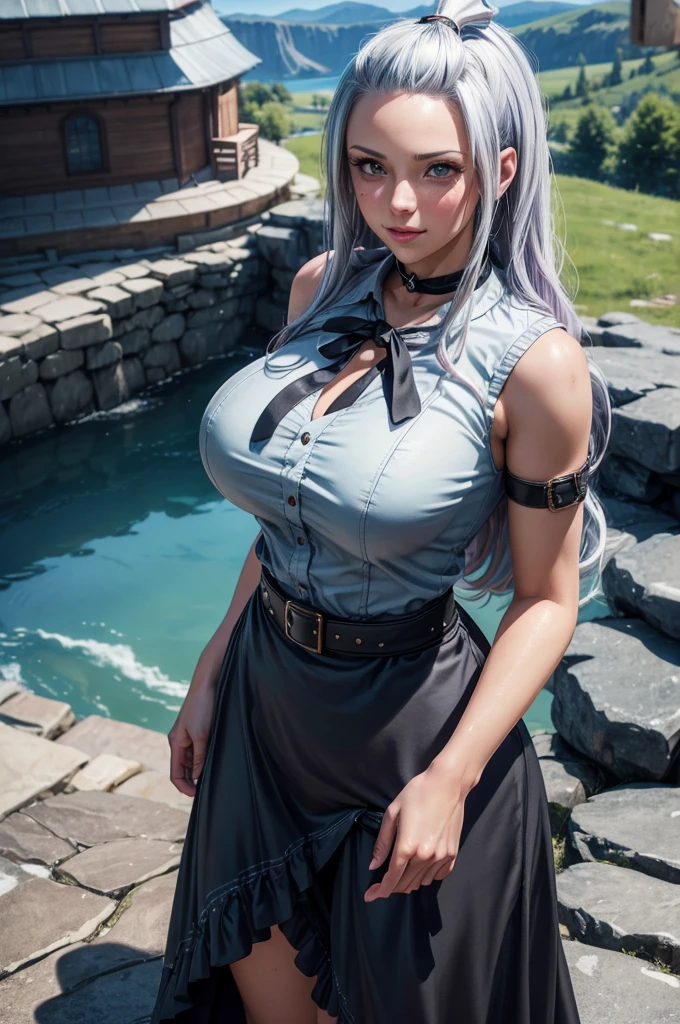 appearance: grey_hair, twintails, elf, pointy _ears, long_hair, green_eyes, blue _eyes, all _breasts, earrings, red_earrings Default Outfit: grey_hair, twintails, elf, point y_ears, long_hair, green_eyes, blue_eyes, s mall_breasts, pantyhose, blackpantyhose, boots, brown_footwear, shirt, earrings, red -earrings, dress, white_dress, belt