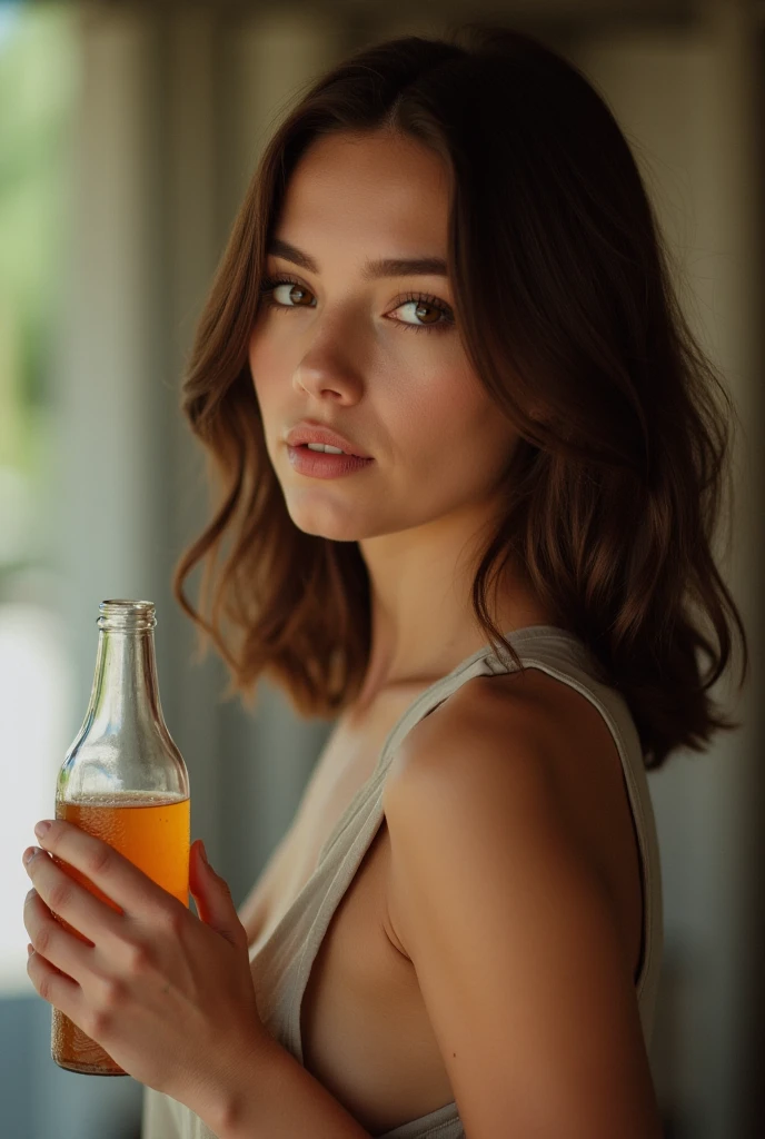 Portrait of beautiful slim swedish 38 years old woman. Hippie bohemian woman. (The palm of the Hand in her face). Pale skin. Light brown short wavy hair. Looking confident and sensually at camera. Having a natural fruit juice in a wooden hut. ( Elbows on the table).
bohemian Blouse . Cleavage. Small breast.