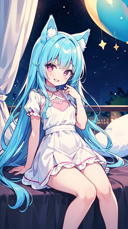 masterpiece, Highest quality, High resolution, Very detailed,(((Mikoto Naruka))), (((evening)))、(((laughing。)))、(((Standing in the distance))), (((Facing forward。))), (((White dress))), (((electric wire))), (((Electric pole))), (((Balcony))), (((handrail))), (((With the sun in the background))), (((Blushing。)))