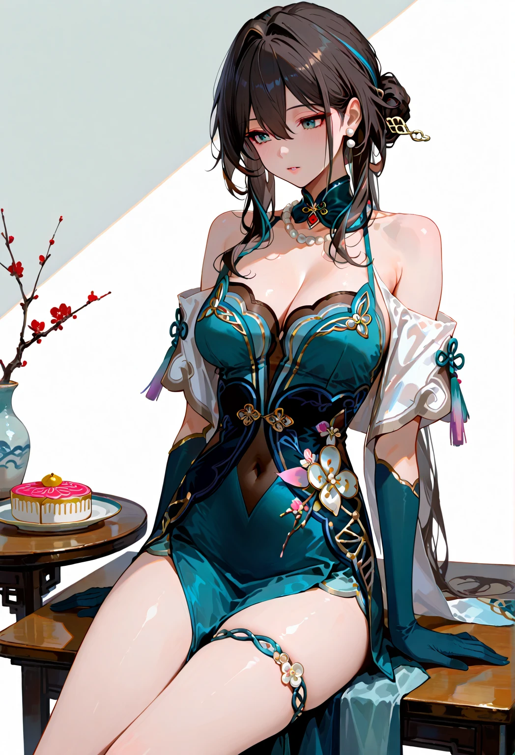Masterpiece, Superb Girl, Night, Full Moon, 1 Female, Mature Woman, Chinese Style, Ancient China, Sister, Royal Sister, Smile, Dark Brown Hair, Princess Scissors, Twisted Braids, Coiled Hair, Double Ball Head, Pale Pink Lips, Calm, Intellectual, Medium Hair, Green Pupils, Hairpins, Hydrangeas, Tong, Full Body Picture