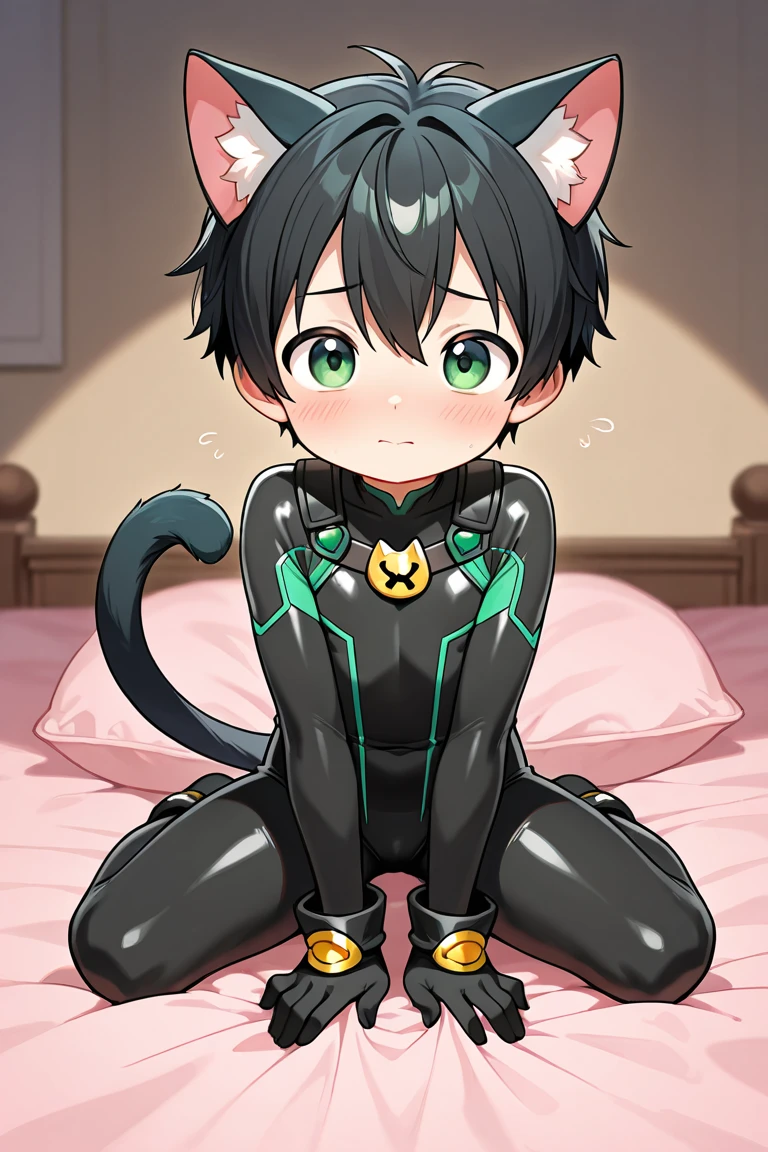 Boy with latex body suit being hypnotized he blush and feel pleasure, he have a bulge between his legs, as he stare with a blank face like he was in a trance