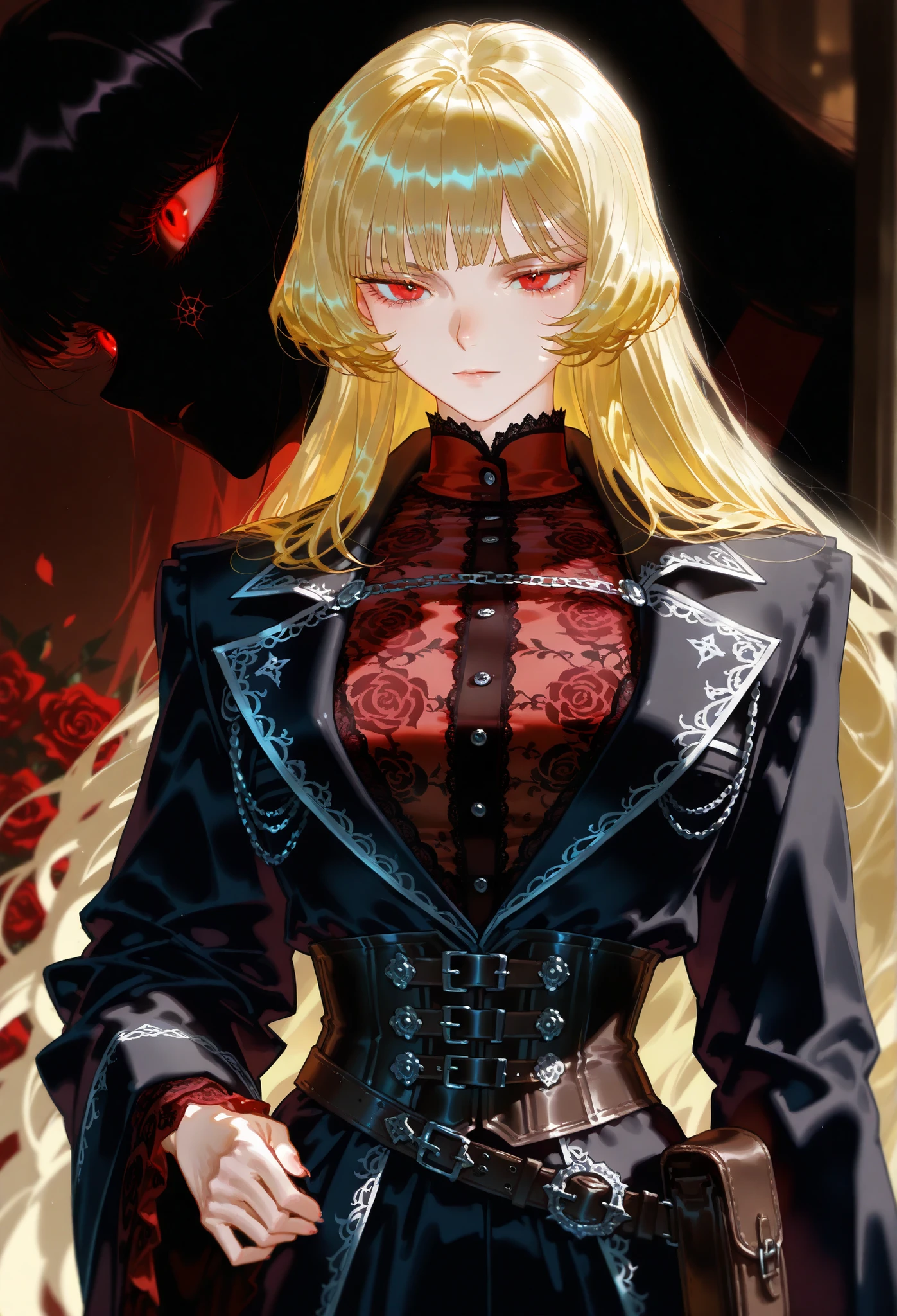 ((Highest quality)), ((masterpiece)), (detailed), (Character Focus、breast focus), (One Girl: 1.5)、4K、((左右対称のface立ち)), Anime 2D Rendering, Realistic young anime woman,
完璧なface, (アニメのeye:1.2、Beautiful details、輝くeye), Beautiful body, Beautiful thighs, Beautiful legs, (美しい白いskin:1.5)、Perfect round ass、 Slightly larger breasts、20-year-old、
blonde、(風通しの良いLong Hair、Both sides up)、濃い青いeye、
(((Three-piece suit))), (White Collar Dress Shirt), black suit vest:1.4, (((Suit jacket)))、(Black Shiny Pencil Miniskirt:1.4)、(Black Pantyhose:1.4)、(Black high heels)、
魅惑的な笑face、turn around、Crazy Smile, 狂ったeye, A cute and luxurious hair band,(masterpiece:1.2, Highest quality), (Actual Photos, Intricate details), Scary atmosphere、Distorted facial expressions、Horror Art、Bloodの雨、Bloodを流す、Bloodしぶき、悪魔のeye、redいeye、scar、、火scar、whole body、Torn hair of a woman dressed in slave clothing、(Long Hair)、(eyeにかかる長さの前髪)、Black Hair、(((eyeの下のクマ)))、青白いskin、Feeling unwell、Pathological、邪悪な笑face、狂ったeye、(Grin)Dramatic makeup,Create mixed media art、,Horror 1 Girl, Open_mouth, , red_eye, Blood, Tilt_red_skin, Injury, Blood_in addition_face, Bandaged_arm, Blood_in addition_zombie, Blood_in addition_hand , Open your eyelids wide, The trend is all, mouthを大きくOpen, mouthを開けてteethをむき出しにする,獣のような鋭いteeth, Wide lips, 非常に広いmouth, Vermilion cheeks, blonde, Princess Cut, Ribbon hair ornament, brooch, Otaku Room, Well-built body, Nice body, Ample breasts, Thick body,eyeを大きく開いて、Scary atmosphere、Distorted facial expressions、ねじれた笑face、Bloodまみれの、頭からの出Blood、Bloodしぶき、whole body、Long Hair、Long bangs、Well-built,Broad shoulders,I focus,(face),Messy Hair,いeye,(光るeye),(Bloodしぶき:1.6),red信号,笑face,big 笑face,teeth,psycho 笑face,gesugao,Dark city background,darkness,night,(close),良いeye, 良いteeth,サディスティックな笑face,,all,光沢のあるskin,detailedなface,Beautiful body, whole bodyから湯気が出ている Steam like a sauna room fills the screen... mouthからの白い息 Luxurious lace long gloves