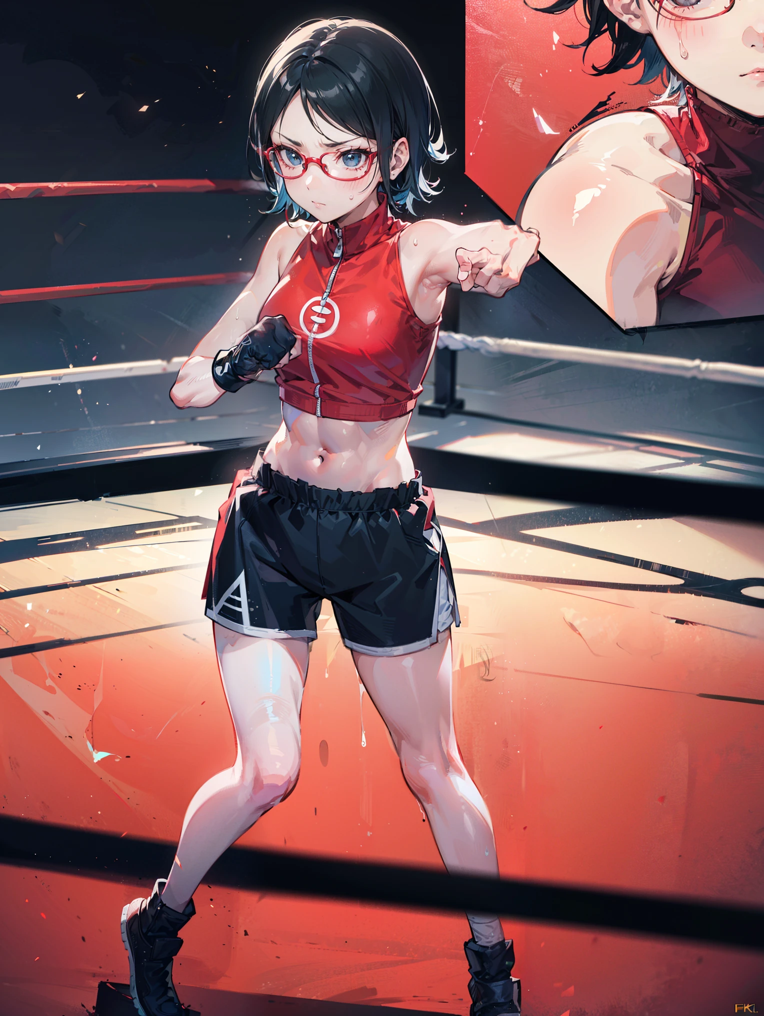 (Original), (very detailed wallpaper) , (best quality) , (work of art) ,struggling posture, artistic dedication, very detailed illustrations, (1 girl) , beautiful eyes, (Delicate Face) , perfect detail, (best lighting ), (super complex details), ((Alone, Sarada Uchiha, wearing glasses, short hair, serious facial expression, Staring, confident)), (aggressive punch) , sweat, Heavy breathing, (oppressive attack) , (Boxing ring ), athletic shorts, perfect detail, perfect fingers, perfect limbs, impact, (glowing skin), abdomen, fitness, muse, posing, photo shoot, artistic shoot, fascinating, charming, waist, boxing shorts, fight, black hair , short hair, short Black hair, 4k, black eyes, (magnificent,detailed: 1.2) , (8k: 1.2) , full body view, splendid,charming,invent,Smalls