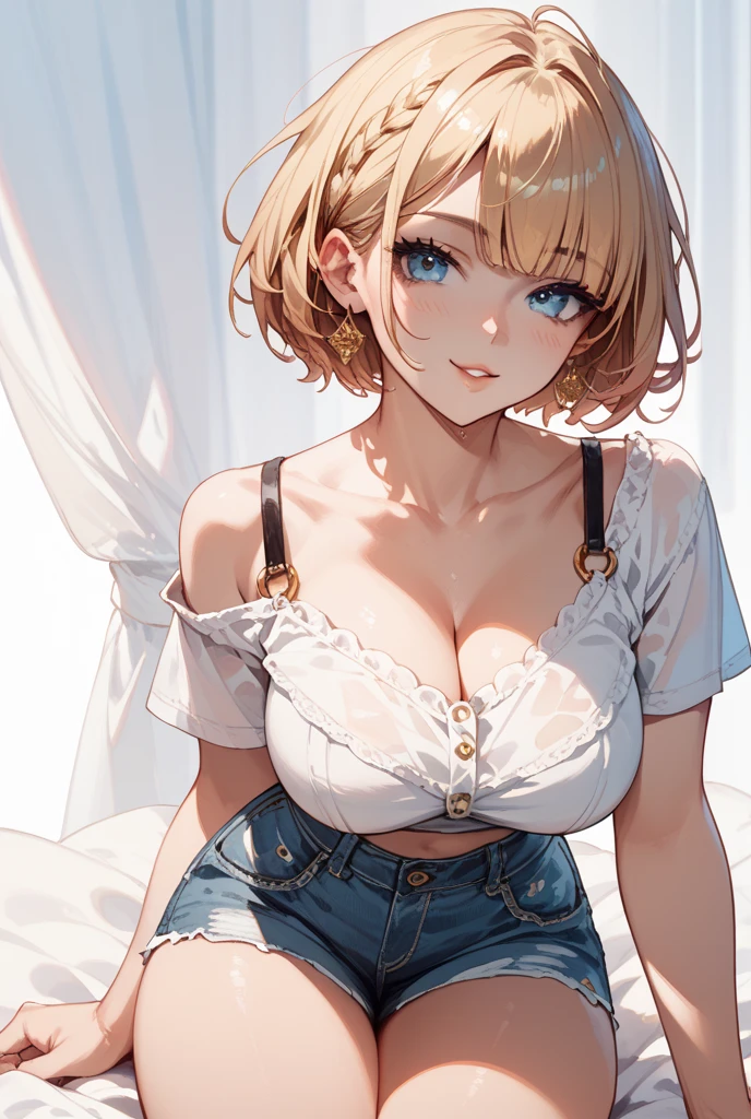 1 Girl Front, Sexy Blouse ,YouTuber Influencer, Sexy Blouse , Gold,blue eyes,Straight Hair,short hair to the shoulders,short hair,Medium Curved,Big Breasts,wearing a shirt,denim shorts,white background, anime