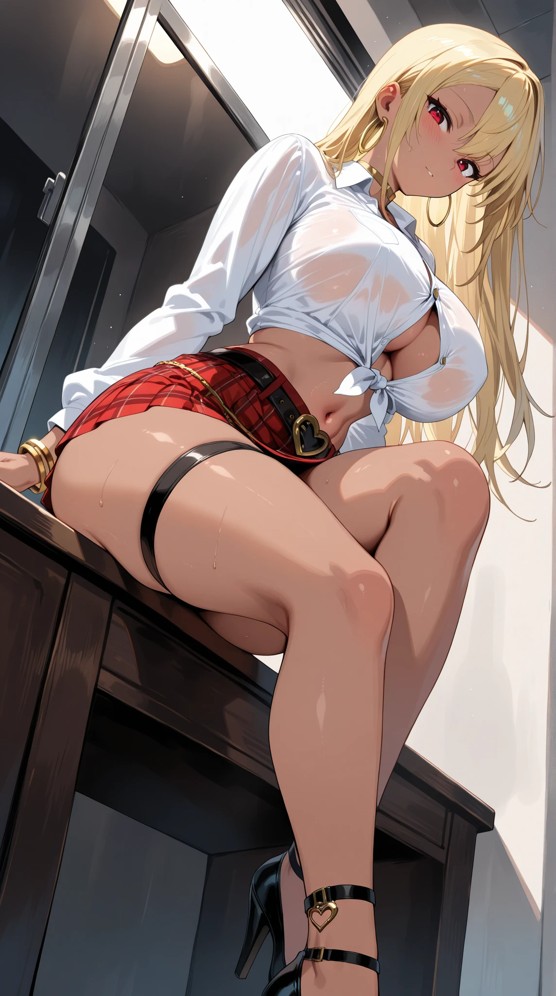 4D,beautiful a girl,(The 8k quality, Highly detailed, masutepiece, Ultra-detailed), Ray tracing,a blond,Gold Hair,Long hair,Katyusha,A Japanese Lady,maid clothes,a miniskirt,Crying face,Moist eyes,Work up a sweat、High detailed skin,Solo Focus, sitting at the desk、((((Tied up)))), noose, Shibari、(Arms tied behind your back)、open one's legs、piercings、((Spread )), Juice ,((( Insert a large into your anus  ))),NSFW