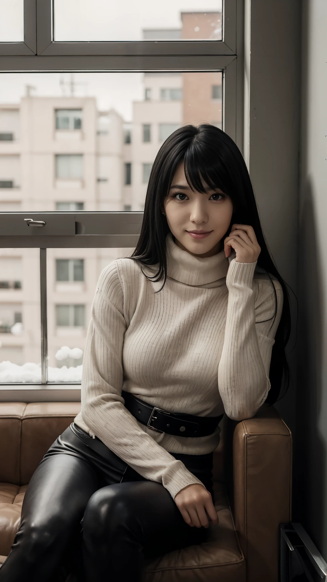 (masterpiece), best quality, expressive eyes, perfect face, boots, blushed, lipstick, pistol holster, 南空ナオミ, 170cm, death note, medium breasts, Japanese American woman, long black hair, Naomi Misora, twin bangs, ((black eyes without pupils)), FBI agent, tall body, FBI, belt, low turtleneck sweater, long leather leggings, beautiful face, pale skin, white skin, long hair, black leather jacket, happy, apartement room, apartement, city, black hair, blue eyes, sitting, full body, furniture, window, smiling, looking at viewer, winter, cold weather, snowy outside, December's month
