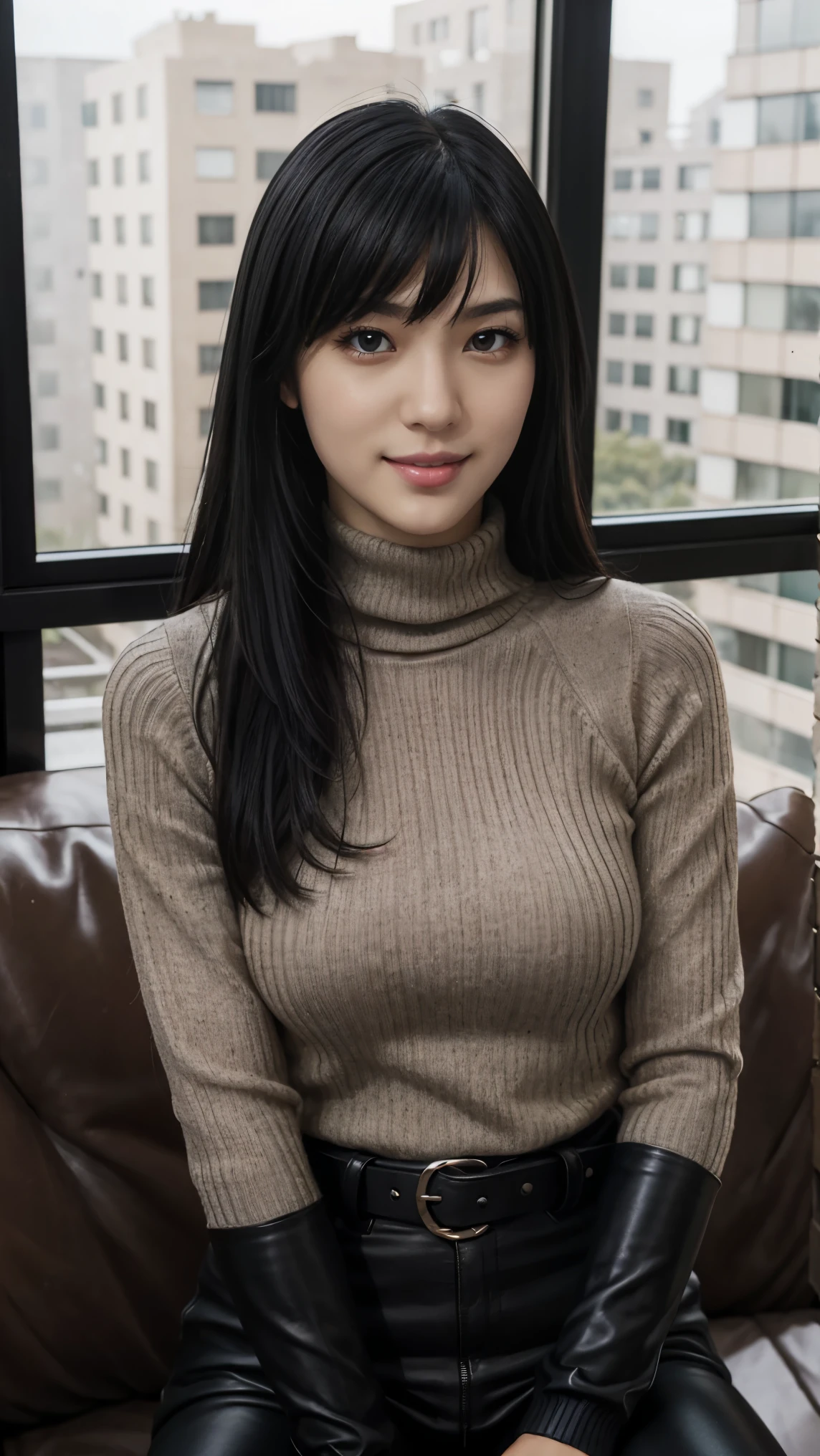 (masterpiece), best quality, expressive eyes, perfect face, boots, blushed, lipstick, pistol holster, 南空ナオミ, 170cm, death note, medium breasts, Japanese American woman, long black hair, Naomi Misora, twin bangs, ((black eyes without pupils)), FBI agent, tall body, FBI, belt, low turtleneck sweater, long leather leggings, beautiful face, pale skin, white skin, long hair, black leather jacket, happy, apartement room, apartement, city, black hair, blue eyes, sitting, full body, furniture, window, smiling, looking at viewer