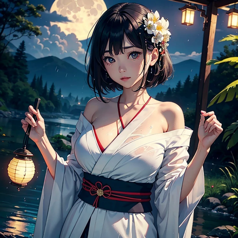 1girl, breasts, moon, lantern, night, solo, large breasts, hair ornament, wet, kimono, japanese clothes, wading, water, hair flower, flower, outdoors, sky, full moon, rain, black hair, off shoulder, mountain, cloud, holding, sash, bare shoulders, paper lantern, standing, white kimono, night sky, sideboob, obi, wet clothes, bangs, tree, from side, reflection, short hair, cloudy sky, wet hair (((masterpiece),(extremely detailed CG unity 8k wallpaper),best quality,,solo,1girl,cinematic lighting,detailed background,beautiful detailed eyes,bright pupils, (an extremely delicate and beautiful),(Beautiful and detailed eye description)ï¼ ultra-detailed,masterpiece,)),