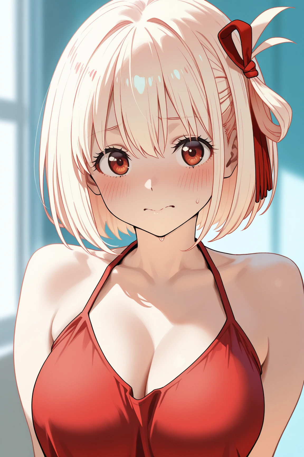1girl, solo, masterpiece, best quality, megami magazine, lycoris recoil, nishikigi chisato, chisato nishikigi, red eyes, blonde hair, short hair, bob cut, hair ribbon, large breasts, blush, nose blush, confused, ?, collarbone, bikini, blue bikini, skindentation, bare arms, shiny skin, cleavage, outdoors, ocean, beach, blue sky, portrait, looking at viewer