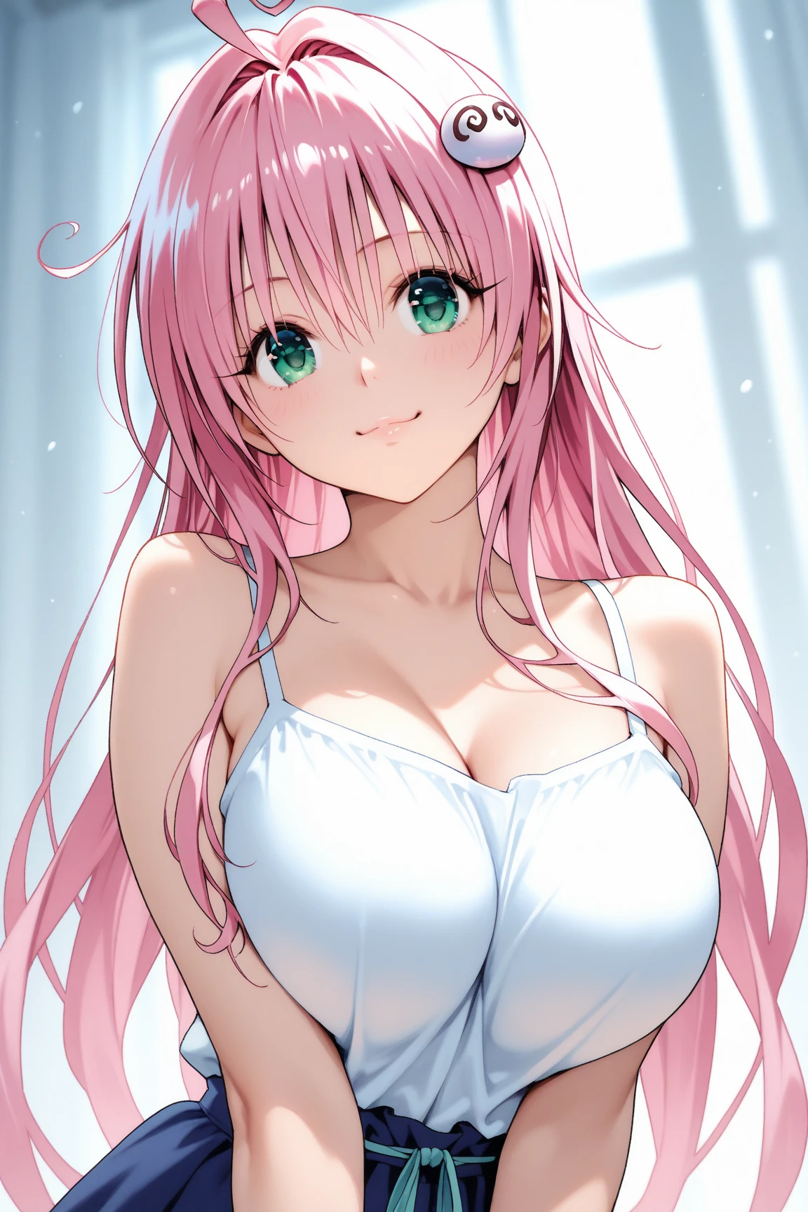 anime girl with long light pink hair, green eyes, short, big boobs, delicate, and pale skin