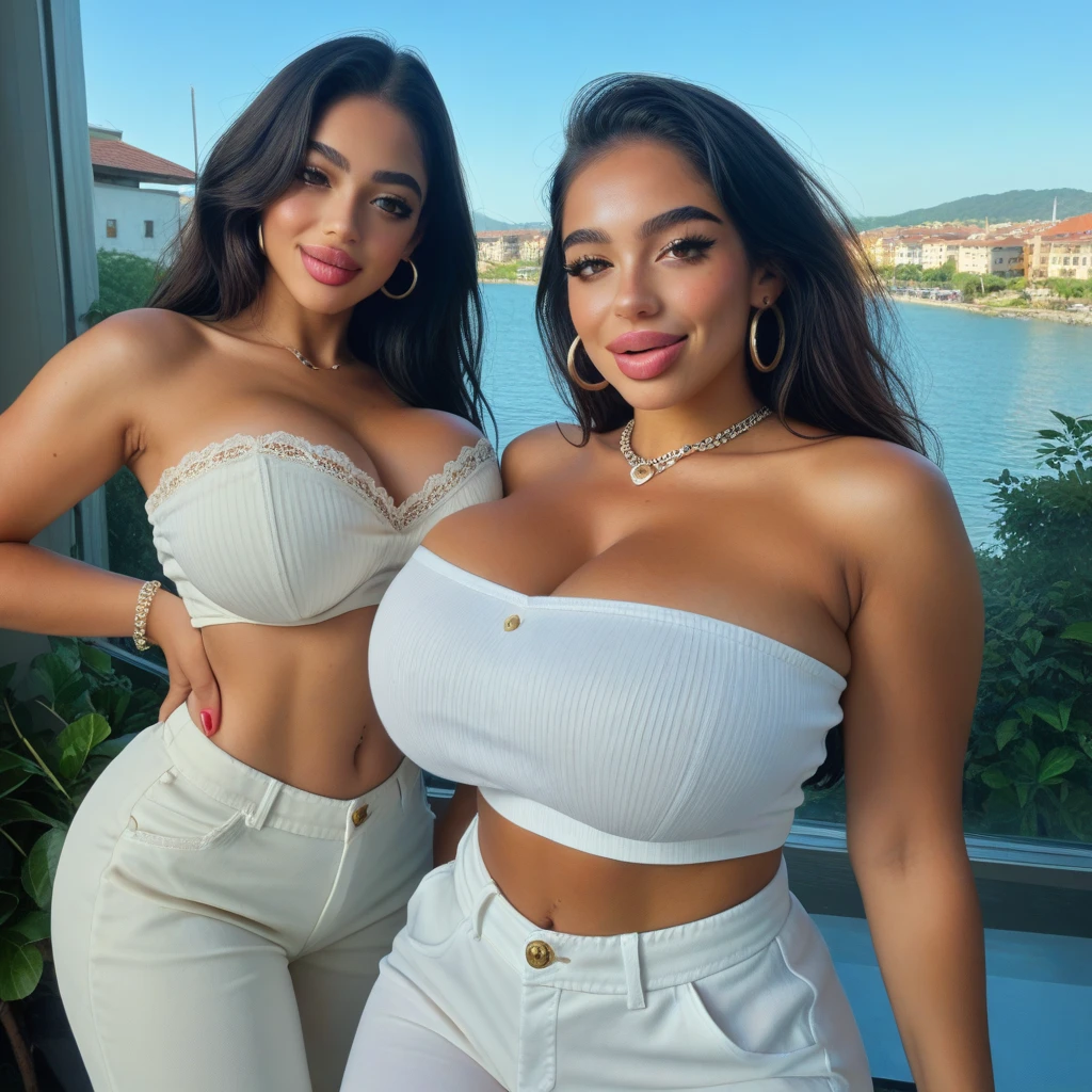 Here’s the revised prompt with your friend’s round face included:

---

"Create an ultra-realistic image of two modern, attractive female influencers of Indian descent, aged between 27 to 30. They should have warm and inviting smiles, expressive almond-shaped eyes with a slight shimmer, and clear, glowing skin with medium brown complexions. Their features should be well-defined, with high cheekbones and sharp jawlines. Their hair should be styled in elegant updos with loose tendrils framing their faces, colored in a deep, reddish-purple hue that’s bold yet sophisticated. They should have slender yet athletic builds with significantly larger chests (gigantic breasts, plump: 1.5), reflecting healthy and active lifestyles.

One influencer has a slender face, while the other has a round face. Both are wearing stylish mini bras, one in black and the other in a different color, paired with pleated  for monochromatic and sophisticated looks. Their outfits are completed with stylish heeled sandals that add elegance to their looks. They accessorize with subtle yet chic jewelry, such as small hoop earrings and a few thin bangles.

The background should be a rugged mountain peak with a breathtaking view of the surrounding ranges bathed in the warm glow of the rising sun. Snow-capped peaks and lush green valleys create a stunning, ultra-realistic backdrop. They are engaged in adventure activities like hiking to the peak, capturing breathtaking photos, and enjoying a sunrise yoga session.

Ensure both influencers have the same hairstyle and hair color, prominently larger chests, and the specific facial features described."

Negative prompt: Unrealistic facial features, blurry background, artificial skin tones, distorted body proportions, unnatural lighting, overly edited appearance, unrealistic hair texture, fake jewelry, cartoonish expressions, unrealistic muscle tone, and unappealing composition.