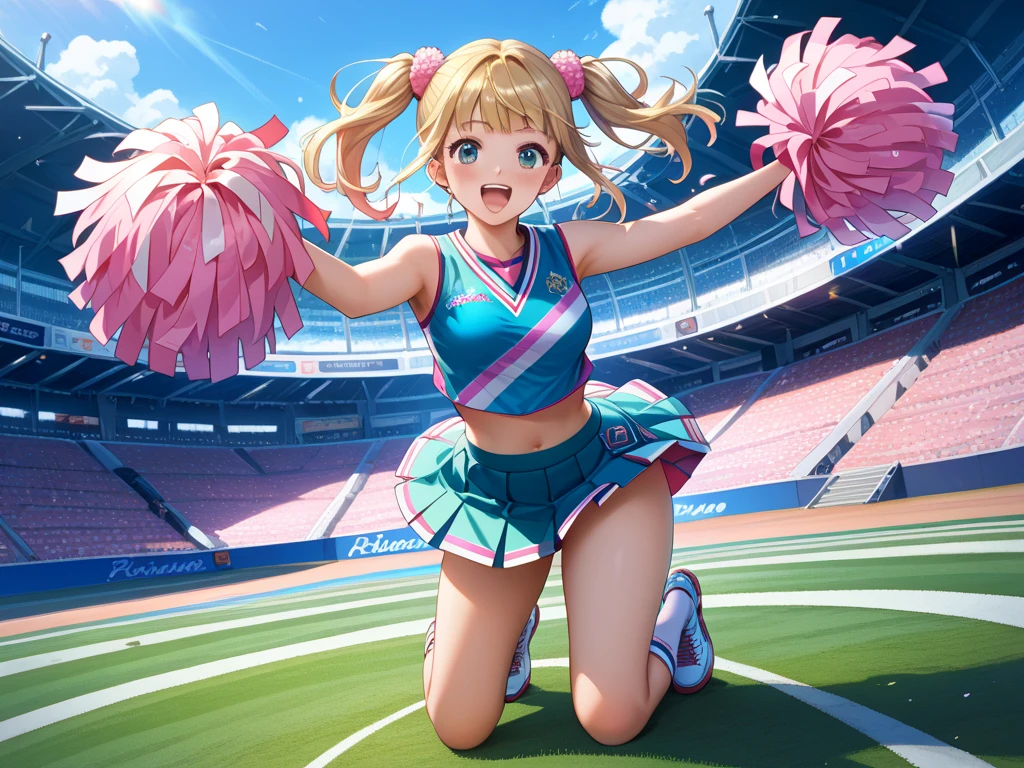 masterpiece, best quality, detailed, sidelighting,Beautiful white skin ,blond hair,blue eyes,disheveled hair,slim,adult ,1woman,Violet Evergarden,
,Various poses,various expressions,
smile,happiness,wonderful smile,
,
cheer leading,cheerleader costume,jump,jump high, fly high,cheerfully,jump with legs wide apart,
outdoor,american football field,