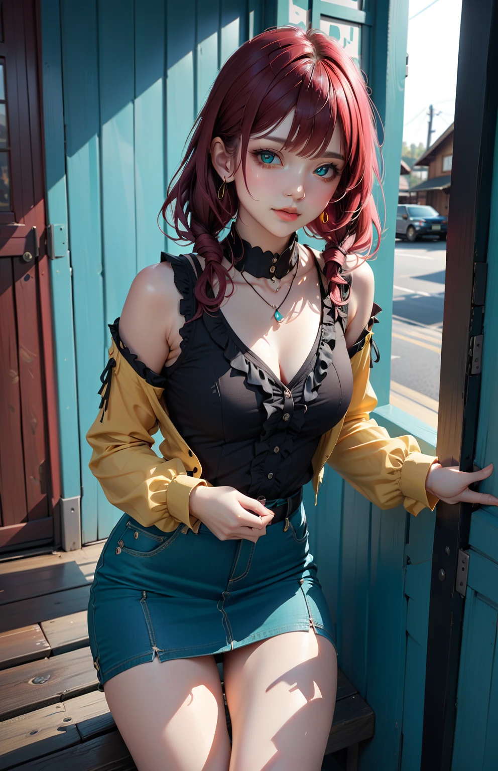 (Top Quality, High Resolution: 1.2), Super Detailed, Photorealistic: Red Eyed Girl, Red Hair, Glowing Eyes, (Fierce, Detailed) Description, Realistic Touch, Anime Style, Trained Body, (Abs) , figure style, frilly blouse, tight miniskirt, smile, holiday shopping