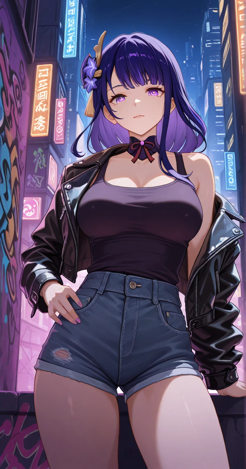 beautyfull slender woman, tall woman, lilac details, sidecut big lilac hair, long hair, black lipstick, black jacket, purple bra, black pants, punk woman, adult woman, serios face, city background
