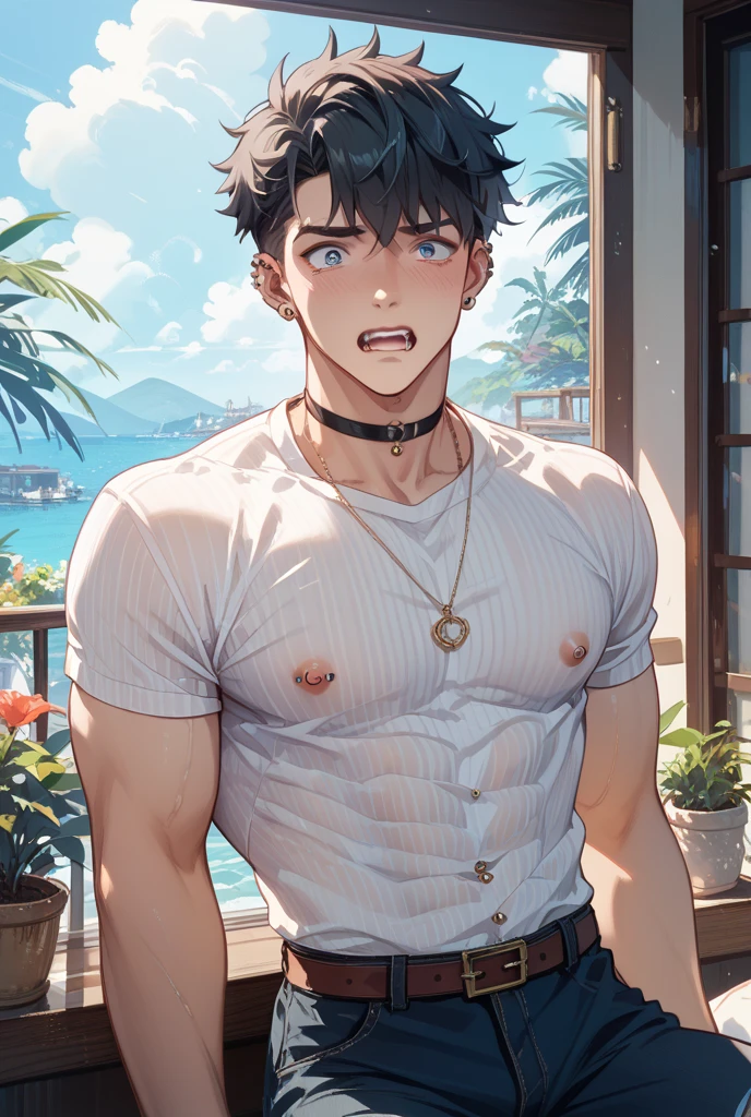 (absurdres, highres, ultra detailed, HDR), masterpiece, intricate details, best quality close-up picture of King perseus in his younger age with a perfect face, smirks, a boy with handsome looks, cool ethnic outfit, short hair, anime eyes, matured , fantastic outfit showing chest, crop top, detailed Philippines interiors, window beach scenery, detailed character, art kenouji