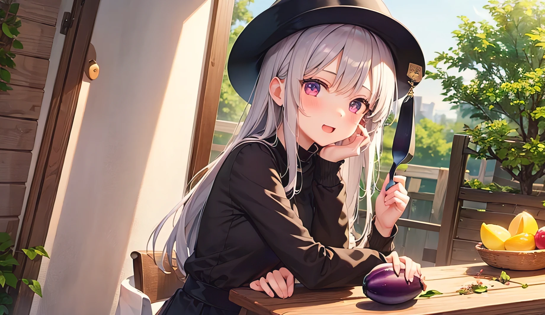 A girl holding an eggplant、cute、1A person is standing、
