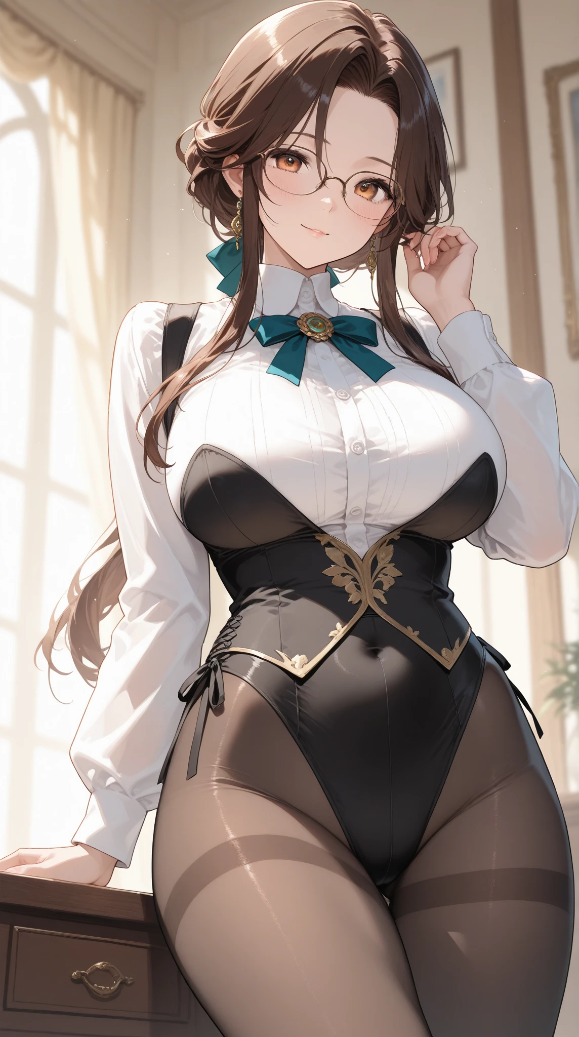 Masterpiece, Super Detail, High Quality, 8K CG, Huge Breasts, Night, Blushing, Smiling, Bright Eyes, Standing, (Shining Eyes:1.5), Upper Body Detail, beautiful Face and body, (((Sexy high leg bodysuit))), sexy pose