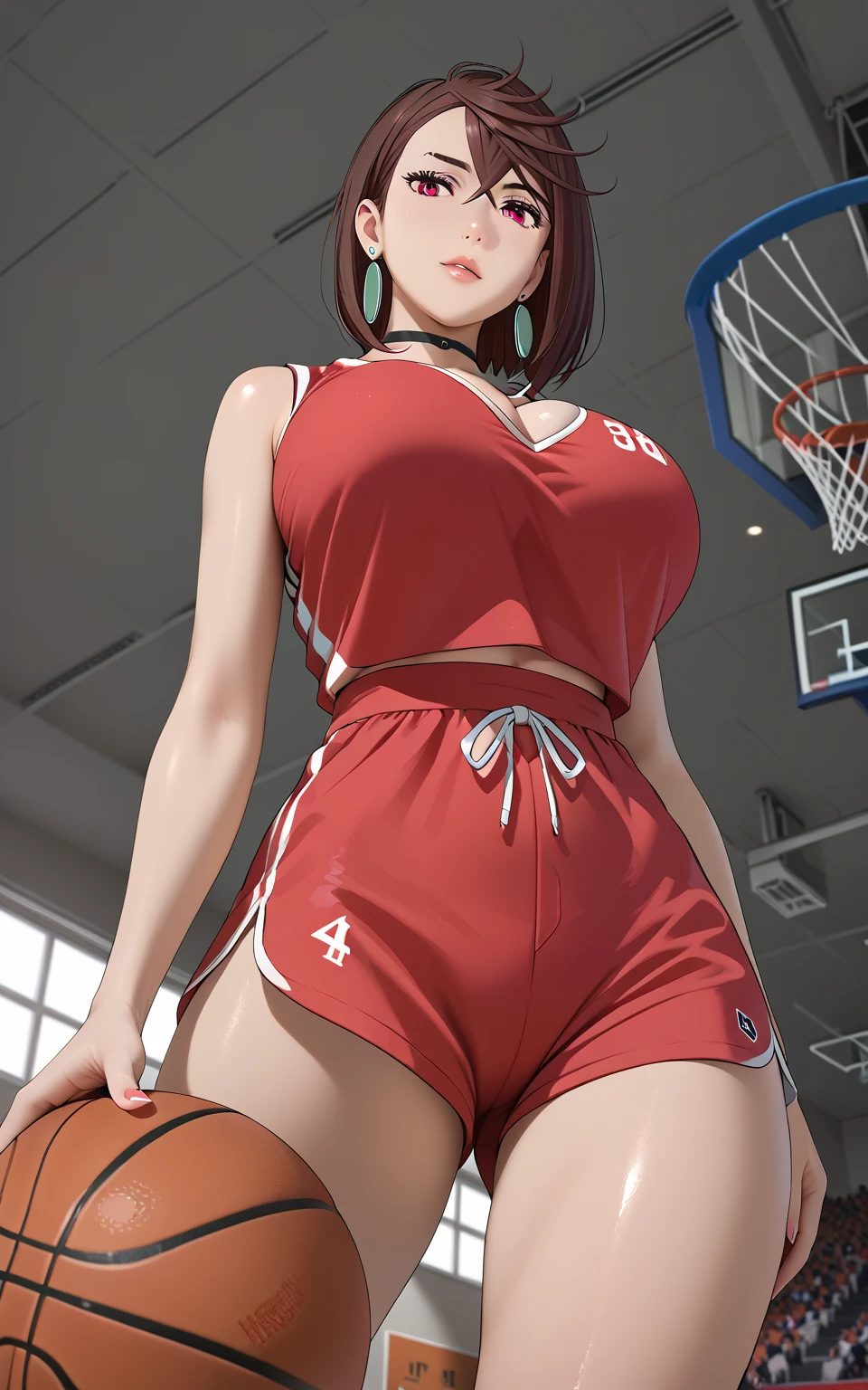 tmasterpiece:1.2,best qualtiy),realisticlying,(Real pictures,Complicated details,depth of fields),(1girl,独奏),putting makeup on,lips parted,highly details,s the perfect face,(gigantic cleavage breasts:1.4),(skindentation ),(( Slender legs)), Wide hips, big breasts thin waist, Tall, Coral lip, short detailed hair, blackigeyes, ((Haruko Akagi, Red basketball suit,denim short)), (perspired:1.2), (dampness), Raised sexy, Be red in the face,Taut Underwear,Squat,spread their legs,ultra gigantic tits --auto