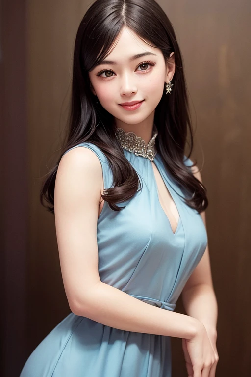 (8k, RAW photo:1.2),Top quality, super high resolution, slightly big breasts, big eyes, slender waist, abs, firm buttocks, light smile, 8k, very fine face, delicate lips, delicate eyes, double eyelids, long black hair in a light blue dress, onmyoji portrait, black hair, 8k, full body photo