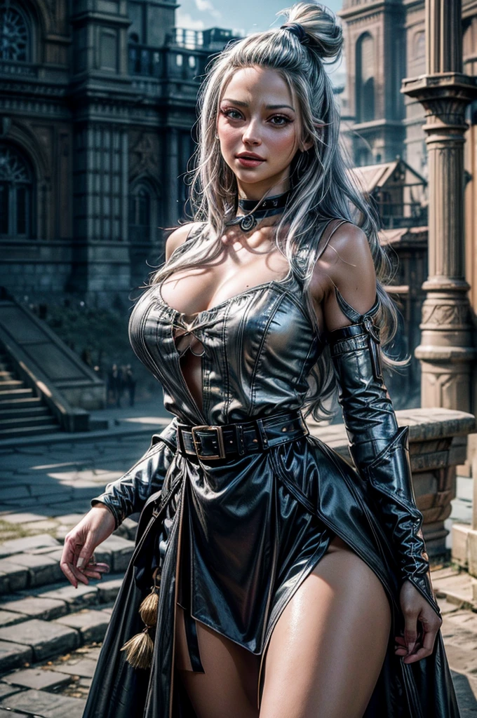 (fantasy lotr, sitting on stone bench spreading legs, slit dress, thigh high boots, sword belt, female elf of Mordor, white-blonde hair, realistic skin, huge deep cleavage, cobweb cloak hood, black silver shoulder ornate armor, ornate bracers, cinematic, ultra detail:1.2), —s 3 —v 5.1 —ar 1:1 holding sword