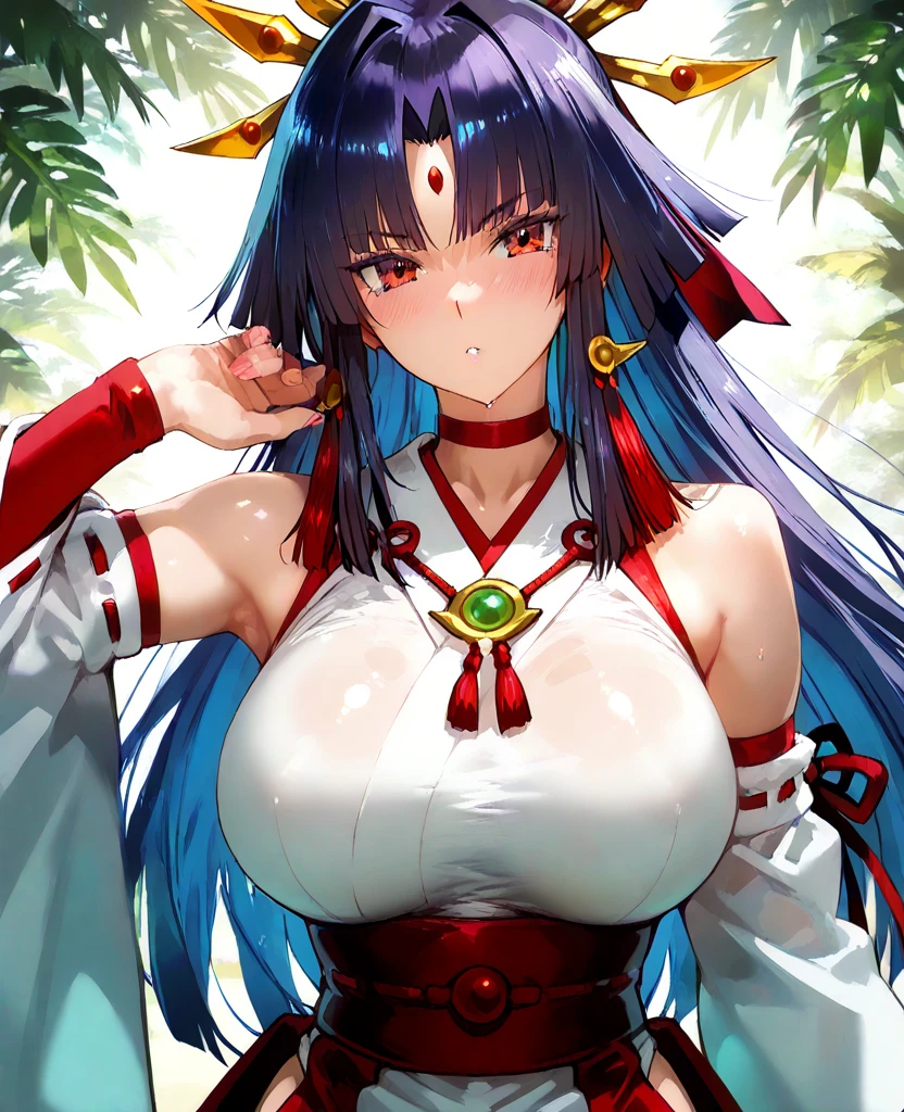 cute brunette girl with brown eyes with big breasts in a kimono smiles and looks at the camera full-leight