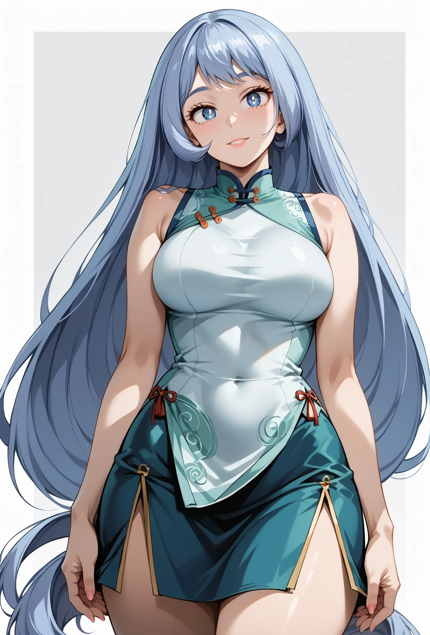 score_9, score_8_up, score_7_up, source_anime, 4K,perfect fingers,(perfect hands, perfect anatomy),prefect lighting, very aesthetic, intricate details,highly detailed background, masterpiece, high quality, best quality,
nejirehadou, nejire hadou, blue eyes, blue hair, long hair, large breasts,,
wearing ((Chinese cheongsam, Sleeveless top, side-open skirt, )),,
(feature large highlight:1.4), ((White plain background:1.2)), ( cowboy shot:1.4),