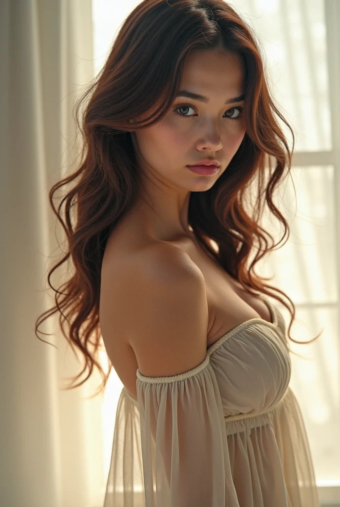 cinematic color, beautiful japanese woman, (best quality, ultra-detailed), feminin lighting, messy hair, wearing lingeries, delicate features, dreamy atmosphere