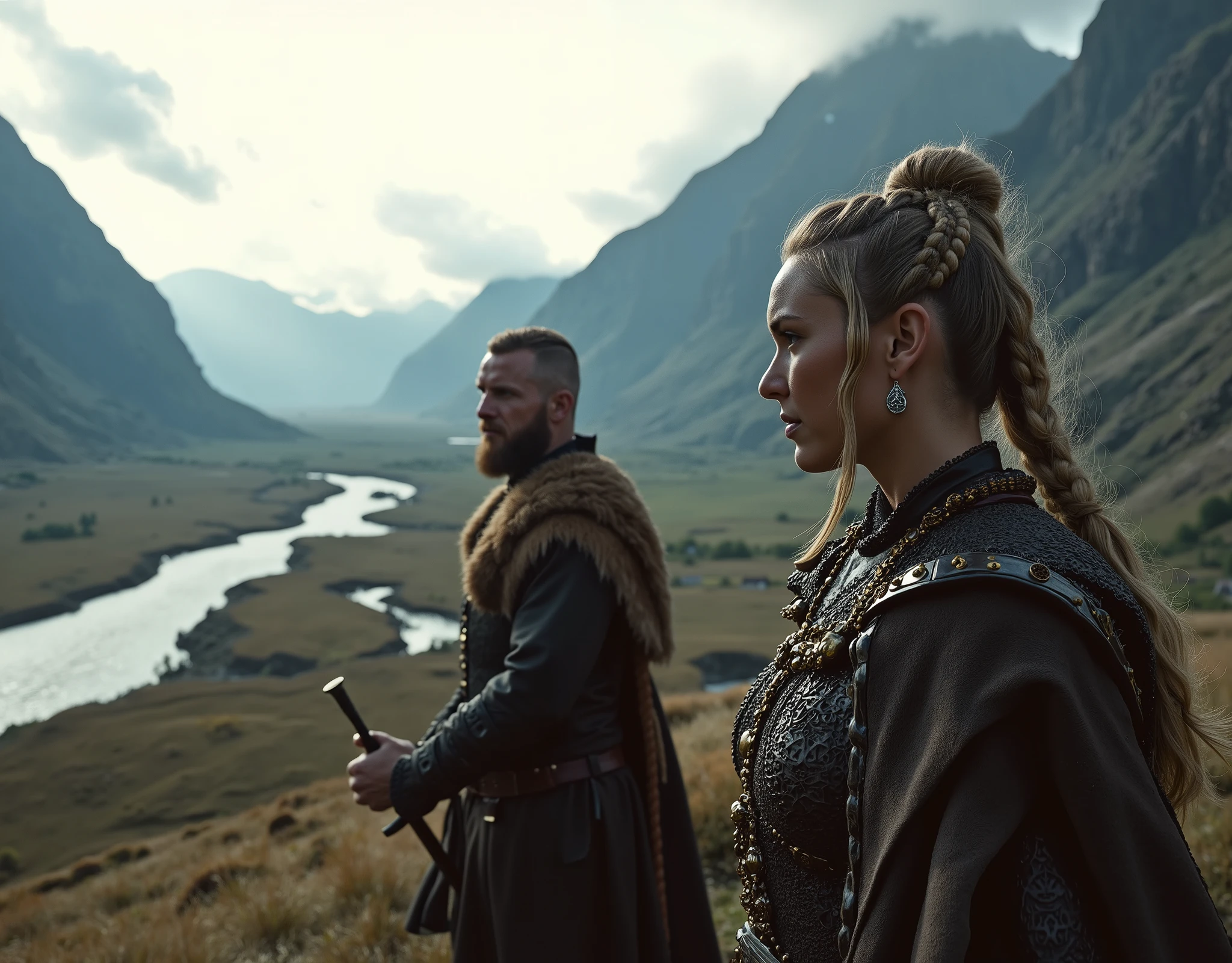 Steep and dramatic mountains are towering in the background and slightly obfuscated by low clouds as dawn breaks. A stream snakes its way down the fjord valley, revealing an ornate longhouse on the far riverbed. In the foreground stands King Ragnar Lothbrok and Queen Lagertha in regal Viking attires, with defiant expressions upon their faces, draped with wolf fur tippets and Viking-style royal jewellery. Ragnar rests his ornate sword on his shoulder, while Lagertha has her weapon sheathed in carved leather and animal skin. They both have long braided hair, the sides of their heads are shaved. A band of orderly Viking soldiers march from the distant Longhouse and towards the river, carrying a regal red golden banner with a gold lion embroidered on it. These soldiers carry painted ceremonial Viking shields and long spears. Shot on a Sony A7R IV with 50mm lens, professional DSLR, 8k resolution, HDR, noise reduction, soft cinematic lighting.