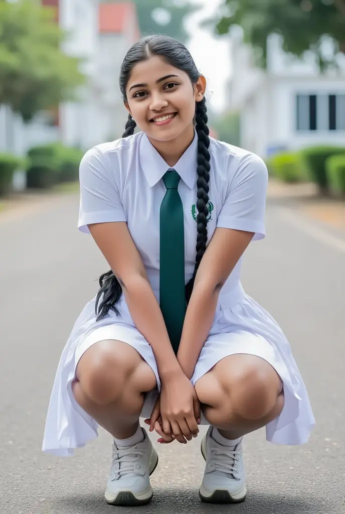 Raw photo , 1 girl  ,Wearing white frock and color tie, white shoes ,sri lanka teen school girl, with plait, big breasts, sitting on the ground and spreading legs panty expose  , professional photographer, (hdr:1.4), masterpiece, ultra-realistic 8k, perfect artwork, intrincate details, cute face, award winning photograph, (Best quality, 8k, 32k, Masterpiece, UHD:1.3) ,