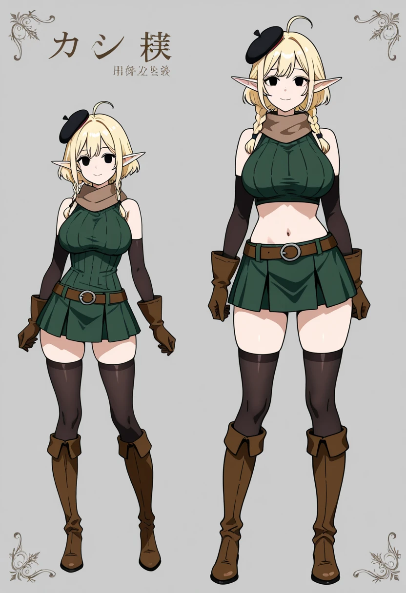 blonde woman, hair up to the shoulders, blue-green eyes (Standing pose, character sheet, different angles)
