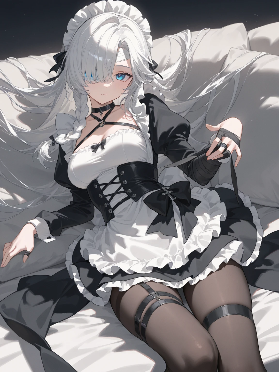 tmasterpiece, Best quality at best, ahoge, Hair over the shoulder, long white hair, blush of nose, Gothic_Lolita,thigh boots,Absolute realm,upper legs,thigh boots,full bodyesbian