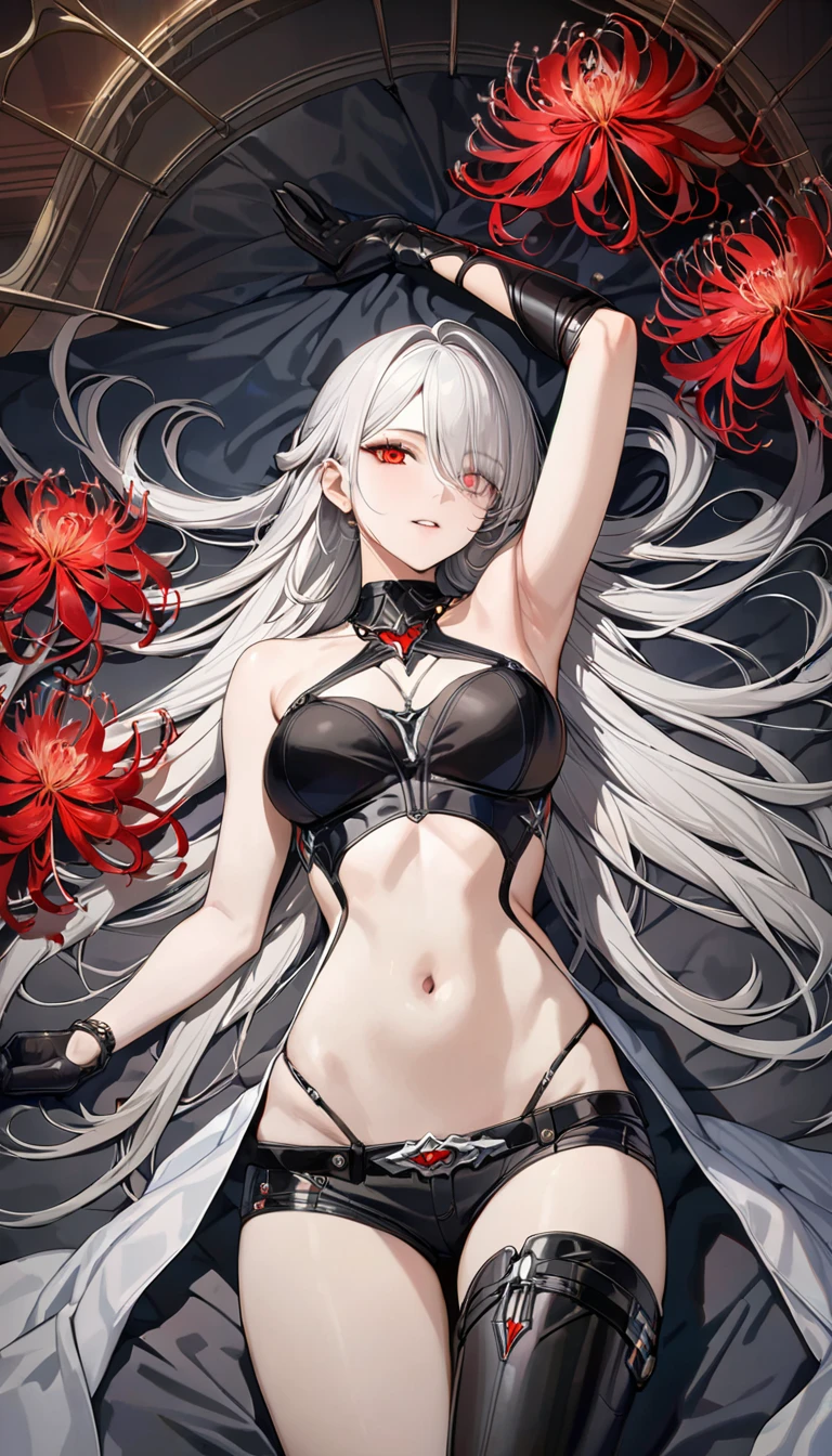 Long gray hair,blood red eyes,Necklace with cross,Wearing a black and white goth bikini,Woman on top