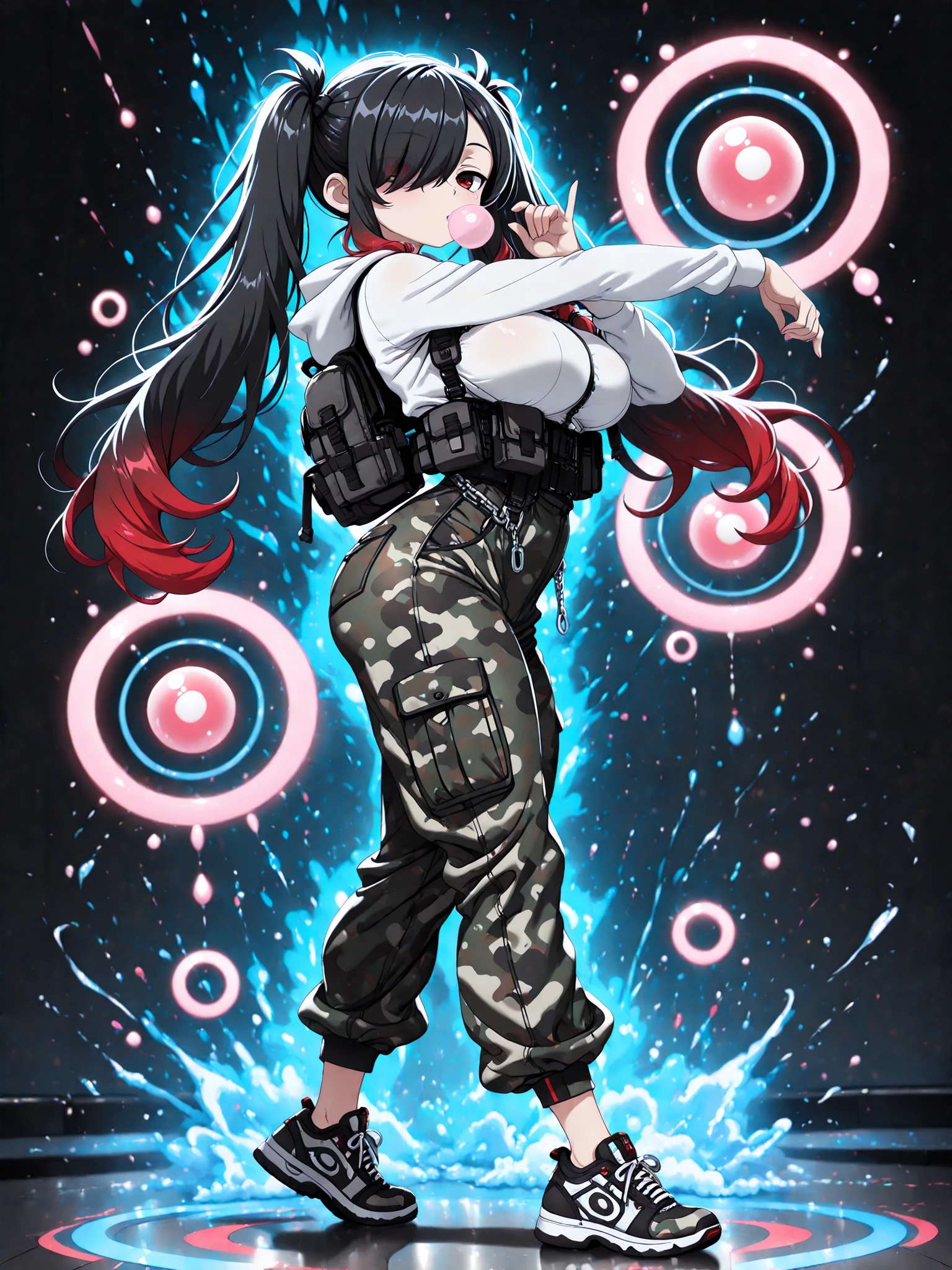 masterpiece, best quality, 1 girl, Kuroki Monika, red eyes, gradient hair, black hair, red hair, long hair, asymmetrical hairline, hair over right eye, ((large breasts)), (petite but curvy), very cute, lovely, long twin-tails, wearing a cropped white hoodie and a black tactical vest, teal and black camouflage baggy pants with silver chains, confident expression, thick-soled sneakers, full body, anime style, futuristic neon splash background,cool pose, dynamic pose, ,from side, flat color style, simple coloring style,blowing a pink bubble gum,ennui expression,