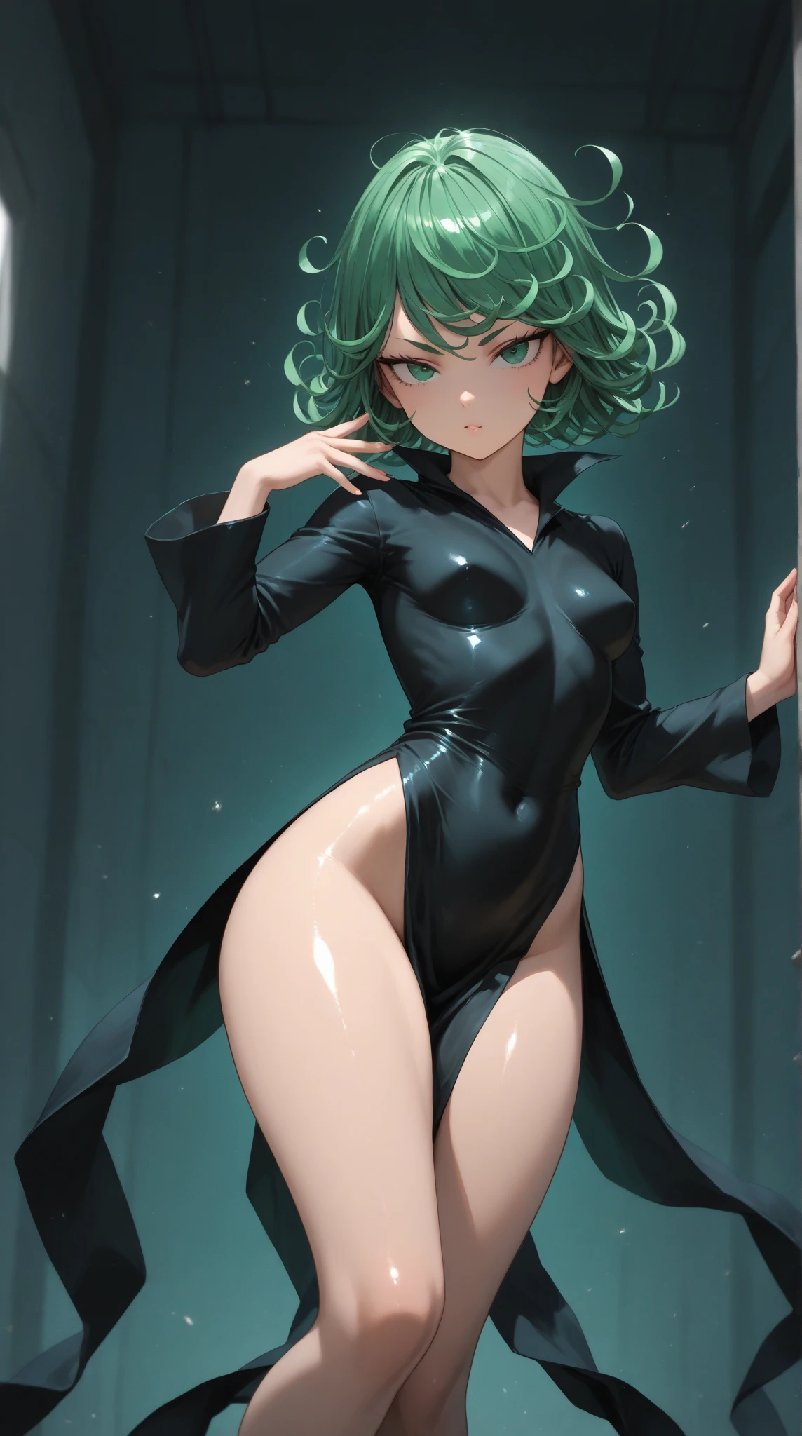(work of art, best qualityer:1.4), (whole body), 1 girl, standing alone, out, in a desert with sand and dust, tatsumaki, (pelvic curtain:1.2), long sleeves, black gown, (hair green), shorth hair, medium breasts, beautiful smiling, beautiful face, high-detailed face, highly-detailed eyes, highly detailed skin, skin pore, underground dispersal, realisitic pupils, full-face blush, fleshy lips, Depth of field, volumetric lighting, sharp focus, absurderes, realisitic proportions, good anatomy, (realisitic, hyperrealisitic:1.4), 16k hdr