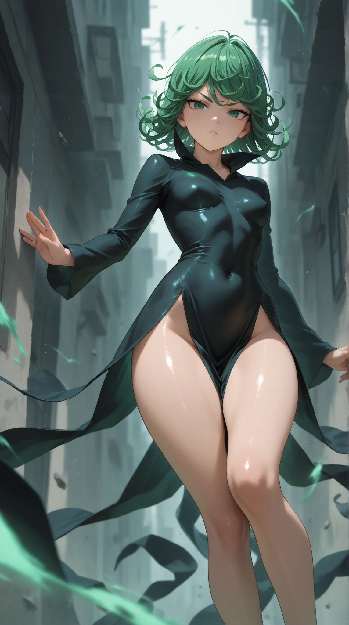 Tatsumaki , Dynamic positions have a golden part, fragile physique, Street, floats in the air, close up portrait, stands leaning towards the floor, beautiful , White Nurse's Coat, Short skirt, breasts fall out from under the robe, leans forward,  very erotic, arches his back, Portrait of a girl, standing in a sexy pose, leans forward, beautiful фигура, buttocks, beautiful грудь, very sexy, the texture is very durable，The picture is very clear and concise，incredibly beautiful，Temperament elegant，in a spacious room, нежное выражение лица Tatsumaki из One Punch Man, short green hair, green eyes, , heels, full body view, smiling, dynamic pose, Tatsumaki из One Punch Man, short green hair, green eyes, ,dynamic view, (masterpiece, Best quality:1.2),