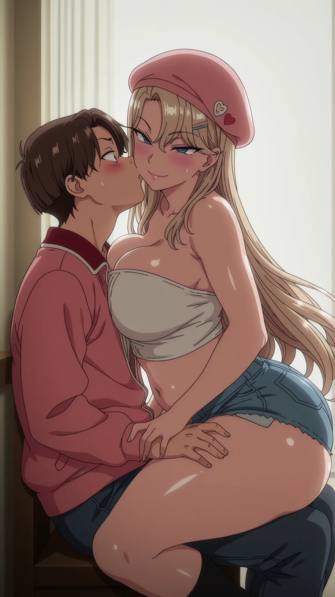 1 girl and 1 boy, brunette, brown-eyed boy, brown hair, boy above, sitting at a table at a luxurious party, well lit.*, side view, amazing quality, blonde hair, blue-eyed girl, seductive smile, masterpiece, best quality, best illustration, anime coloring, anime screenshot, best shading, very aesthetic, realistic wind, anime screenshot, looking at the boy, big breasts, blushing, masterpiece, wind, high quality, dynamic lighting, hair ornament, parted bangs, tassel, very long hair, side strands, hair clip, dress,pink jacket, white strapless top, denim shorts, black long socks, pink cap, collarbone, bare legs, big breasts, belly button, big ass, Curved Body, throw, shy eyes, arms resting on the boy, the boy's hand on his crotch, sitting on the boy's lap, the other hand on his butt, leaning over the boy, hearts coming out, dutch angle.), kissing