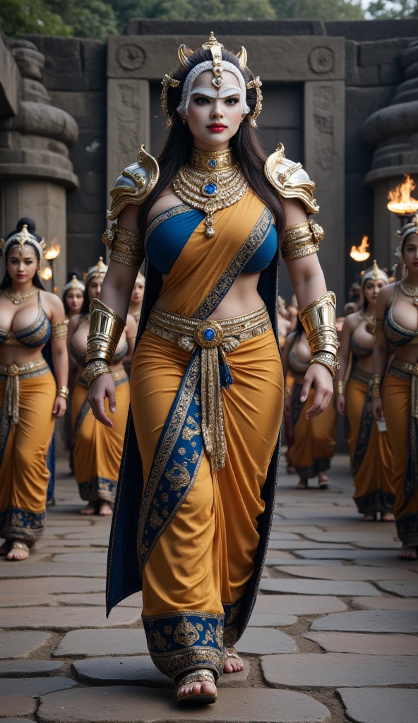 Voluptuous priestess with tattoos and percings on her body and an Iron Man mask outside a Hindu temple Ultra-realistic photo --auto