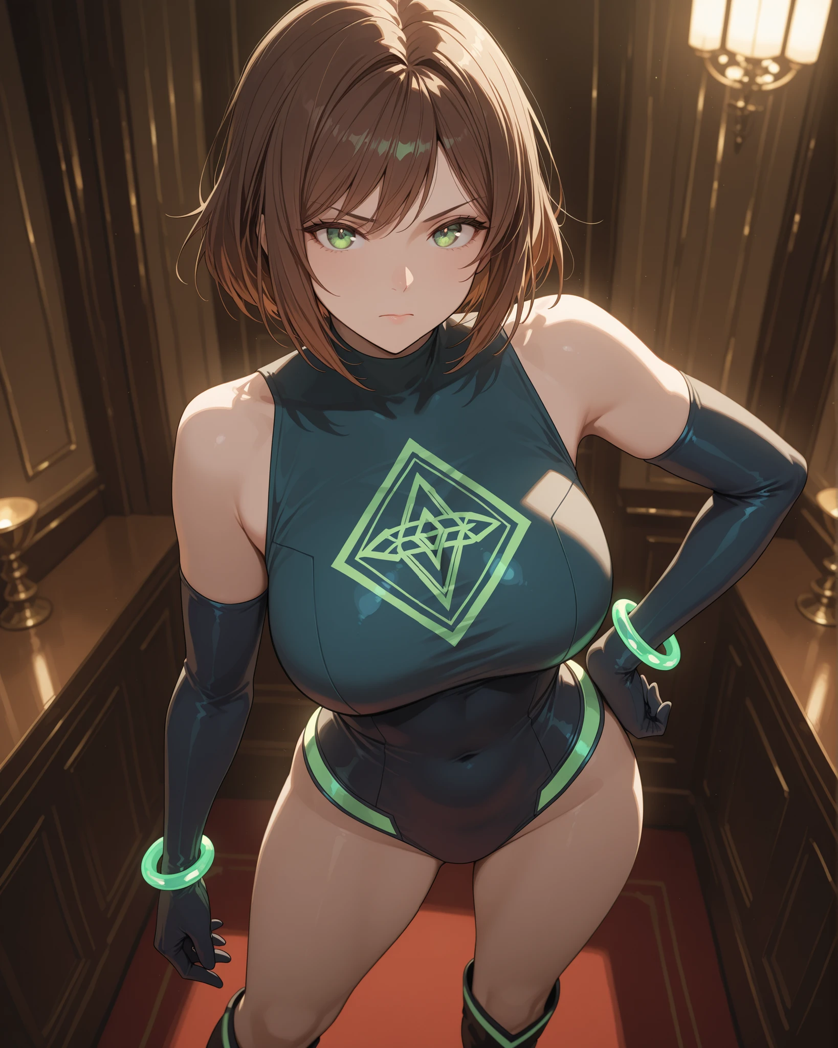 masterpiece, best quality, 1 solo girl, light brown hair, green eyes, short hair, medium breasts, sexy body and face, wavy hair, smile, parted lips, gradient clothes, dress, elbow gloves, sleeveless, bare shoulders, cape,boots, bracelet, sleeveless dress, ribbon, black gloves, turtleneck, short dress, pantyhose, black footwear, night, sexy pose, cowboy shots, detailed body, face, and eyes, sharp focus, vibrant, creative, dynamic, high definition, high resolution, 8k, (Upscale: R-ESRGAN 4x+ Anime6mage enchance:4x), voluptuous body, cinema lightning, dakimakura style, looking at the viewer,