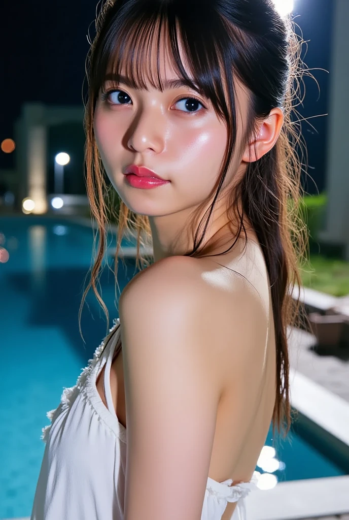 high quality、masterpiece、Super Resolution、beautiful girl、beautiful girl顔、Cute girl face、Poolside at night、Bunny girl、Bunny girlのコスプレをしている、whole body、Famous Japanese actresses、Very beautiful face