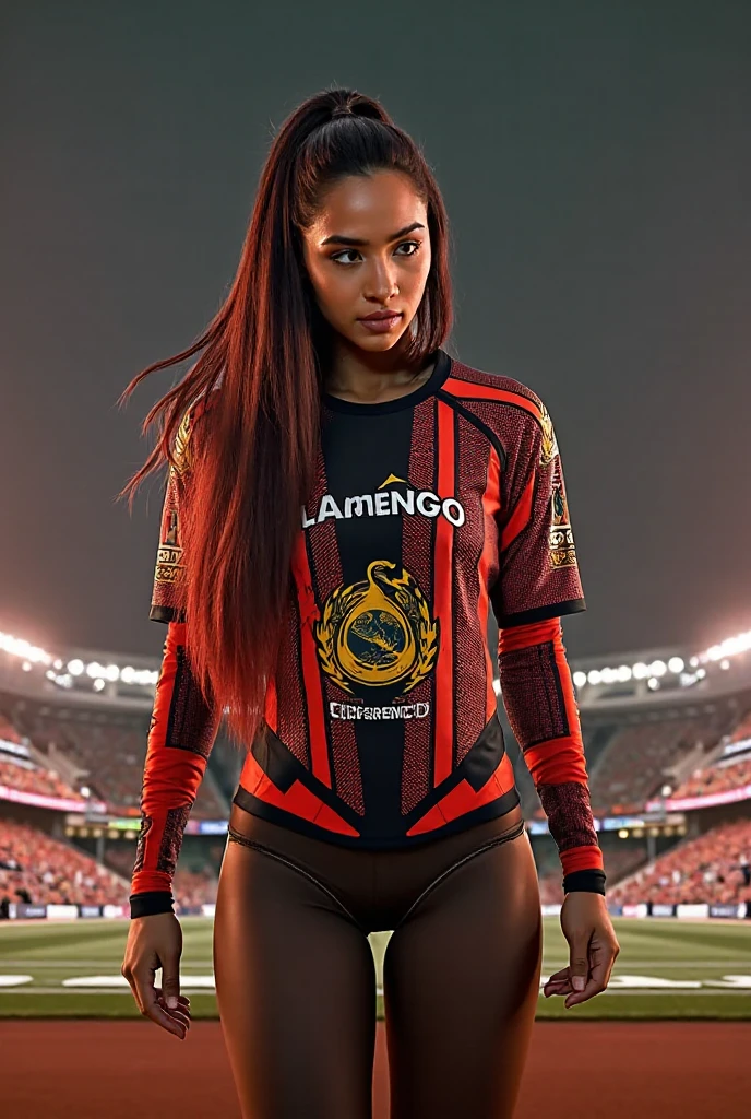 Stunning Brazilian Black Woman, photo in 8k, in action, cinematic, cyberpunk, holding a katana, with breasts half exposed, big thighs and big ass, sensual and seductive look, Flamengo's jersey
