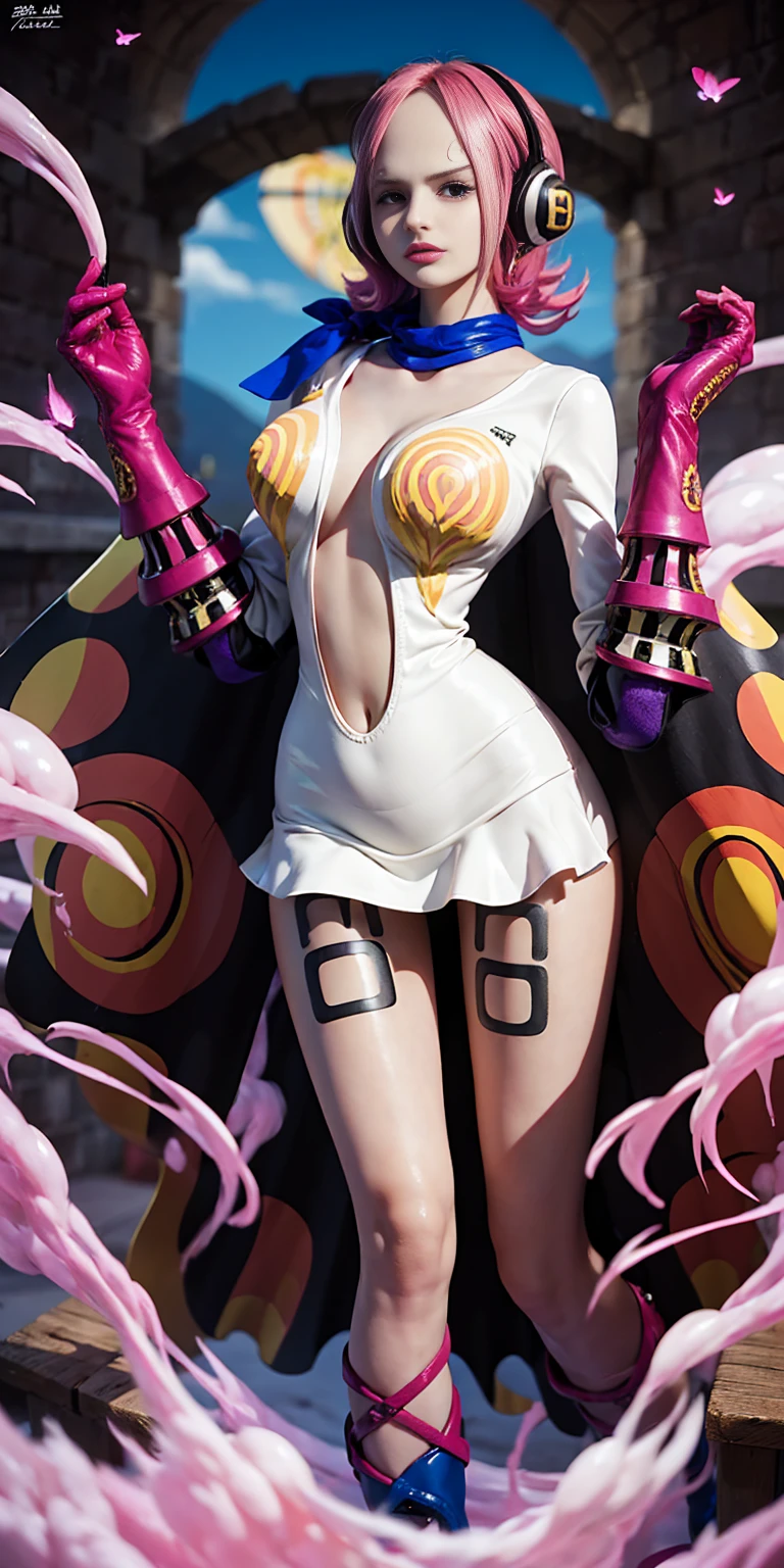 short black hair, with slightly messy bangs. Dark, penetrating brown eyes. Thin and marked build. She wears torn black shorts, blue tennis shoes, and a pink navel blouse with straps. He has an axe in his right hand and a backpack on his back. Busty.